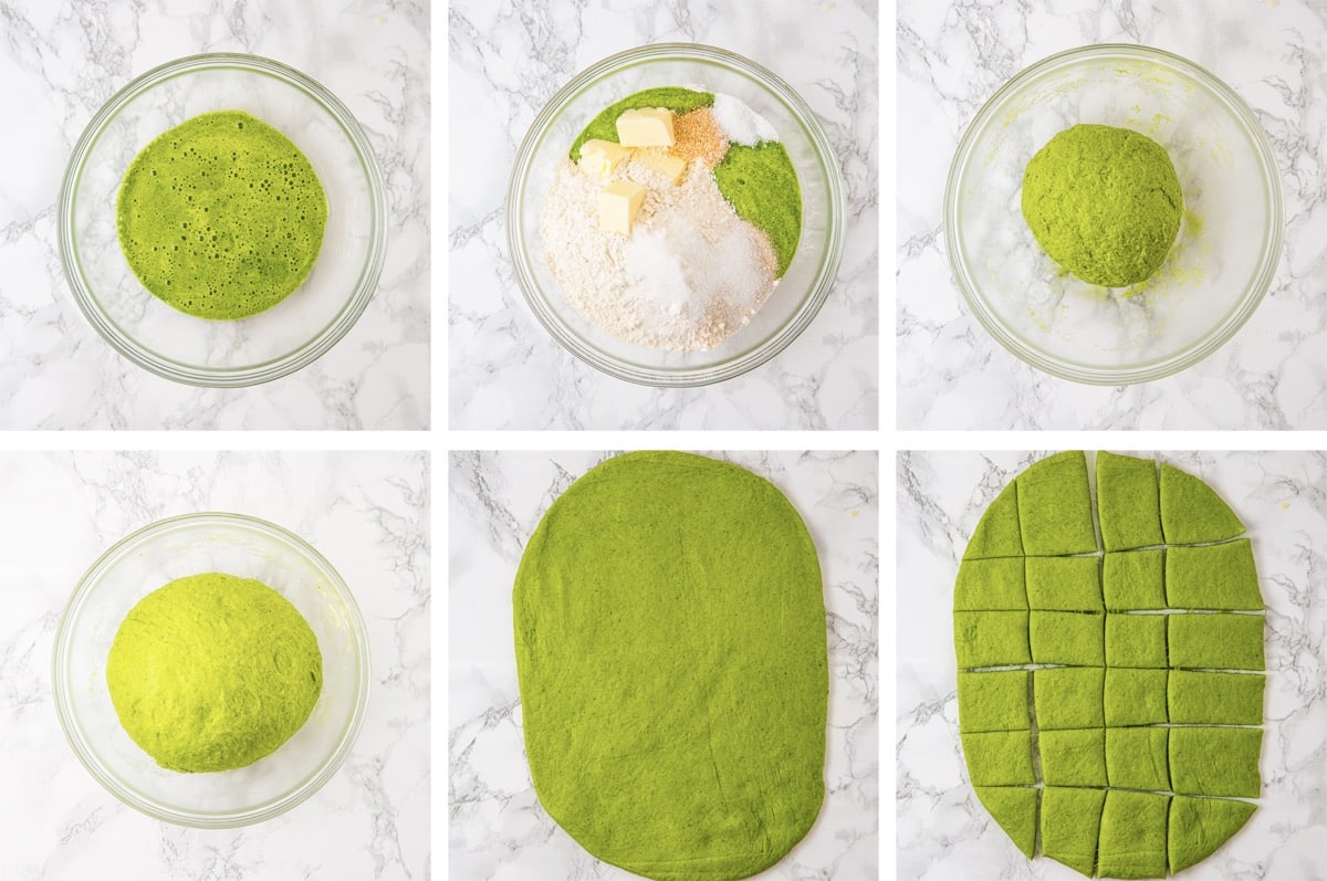 collage of images showing how to make the dough for Christmas Tree Pull Apart Bread