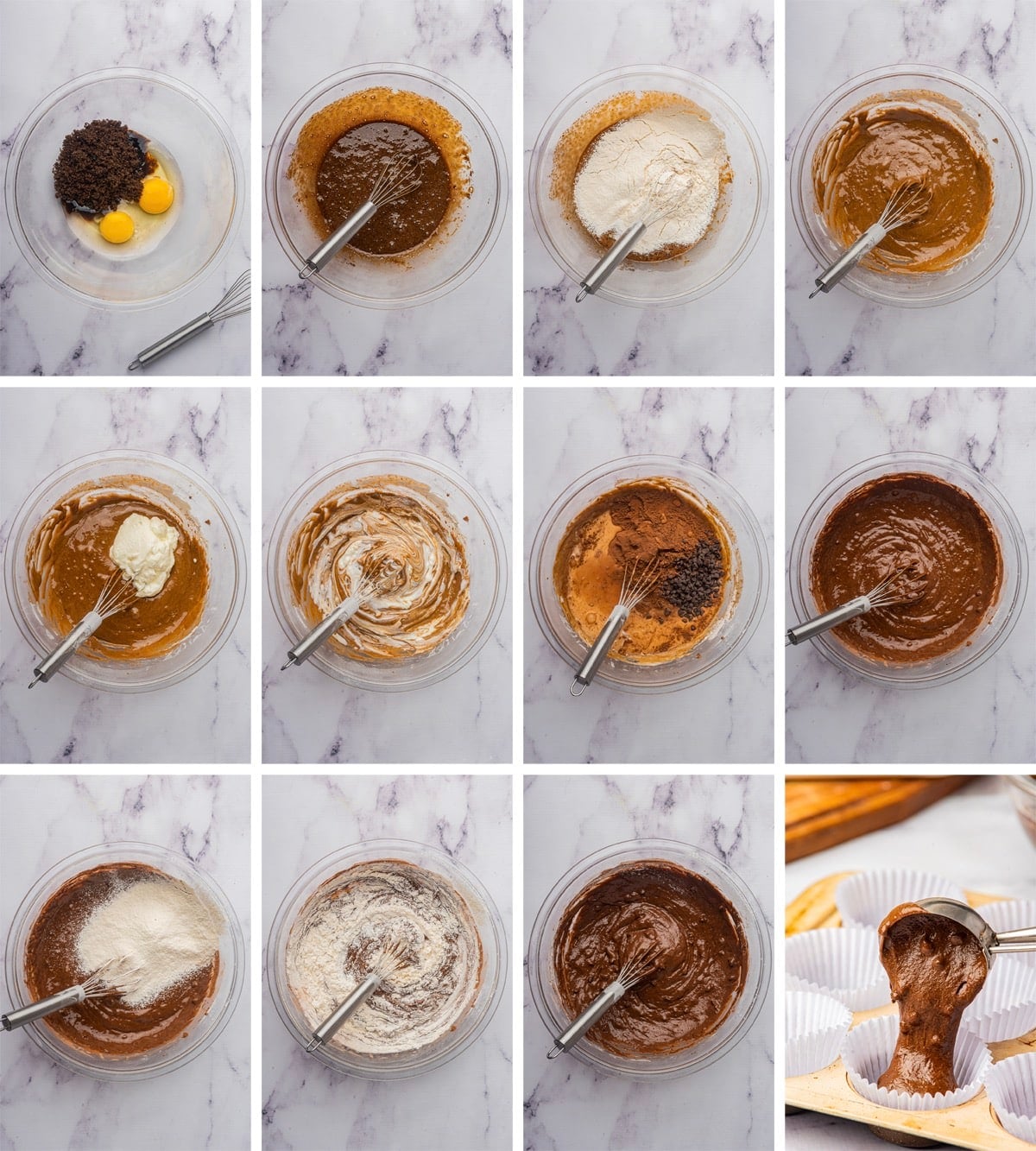 collage of images showing how to make the batter for Christmas cupcakes