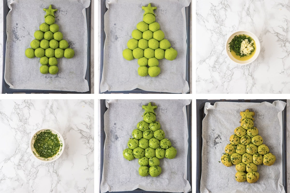 collage of images showing how to shape and bake Christmas Tree Pull Apart Bread