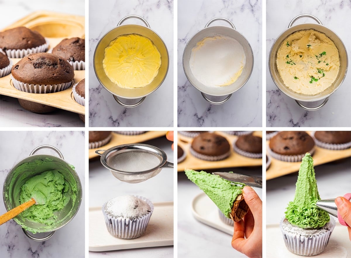 collage of images showing how to frost and assemble Christmas cupcakes