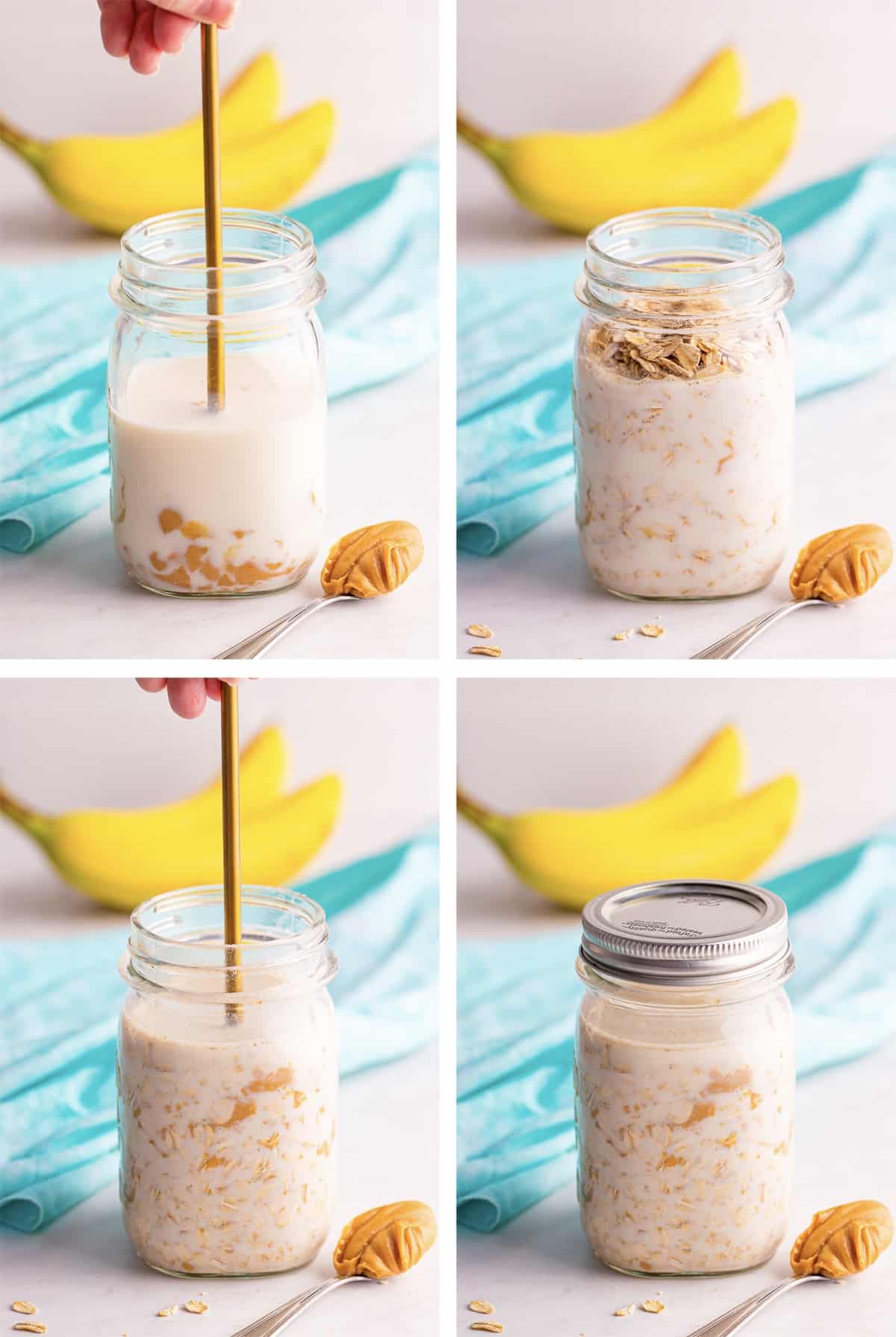 collage of images showing how to make Peanut Butter Overnight Oats