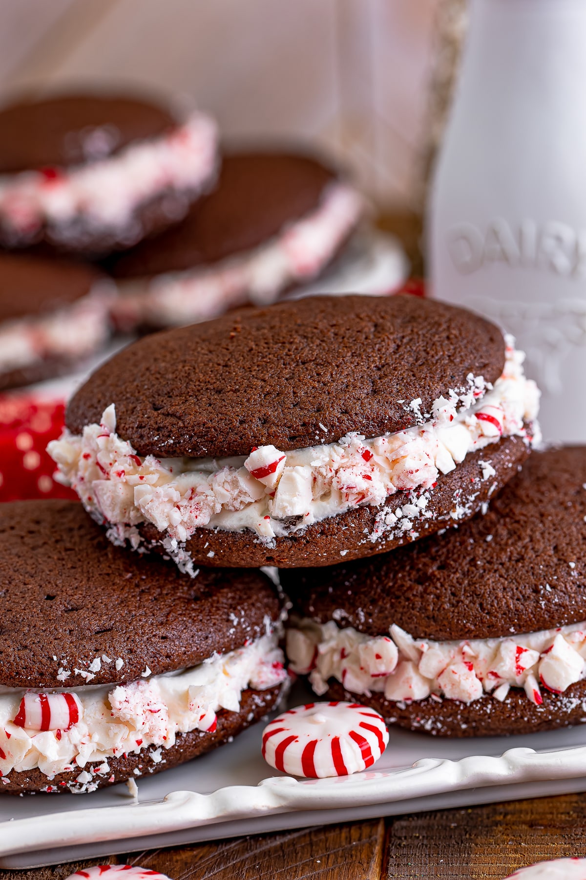 up close image of Whoopies Pies on a white plate