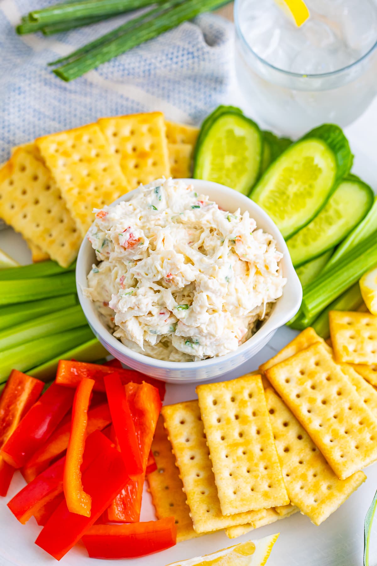 overhead image Cold Crab Dip served im blue bowl