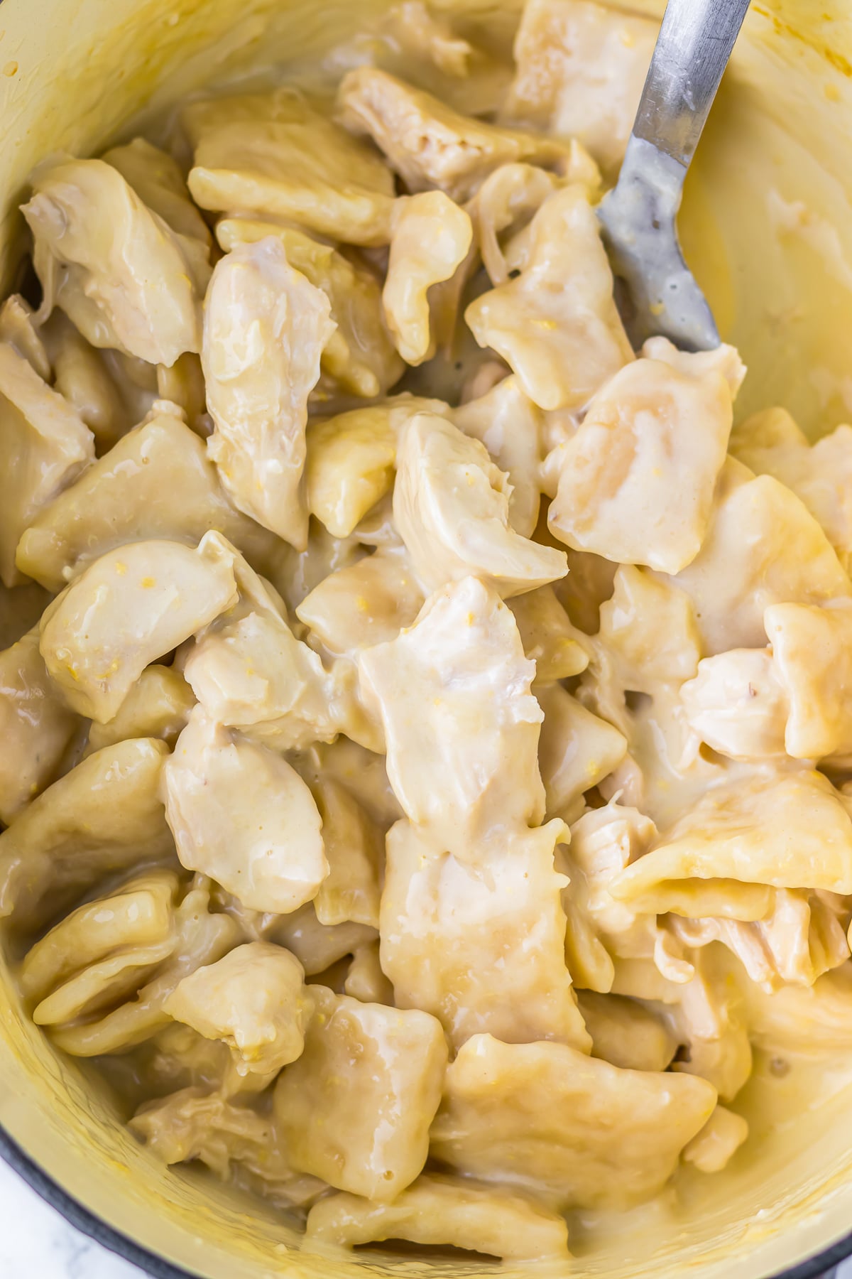 finished Cracker Barrel Chicken Dumplings in dutch oven