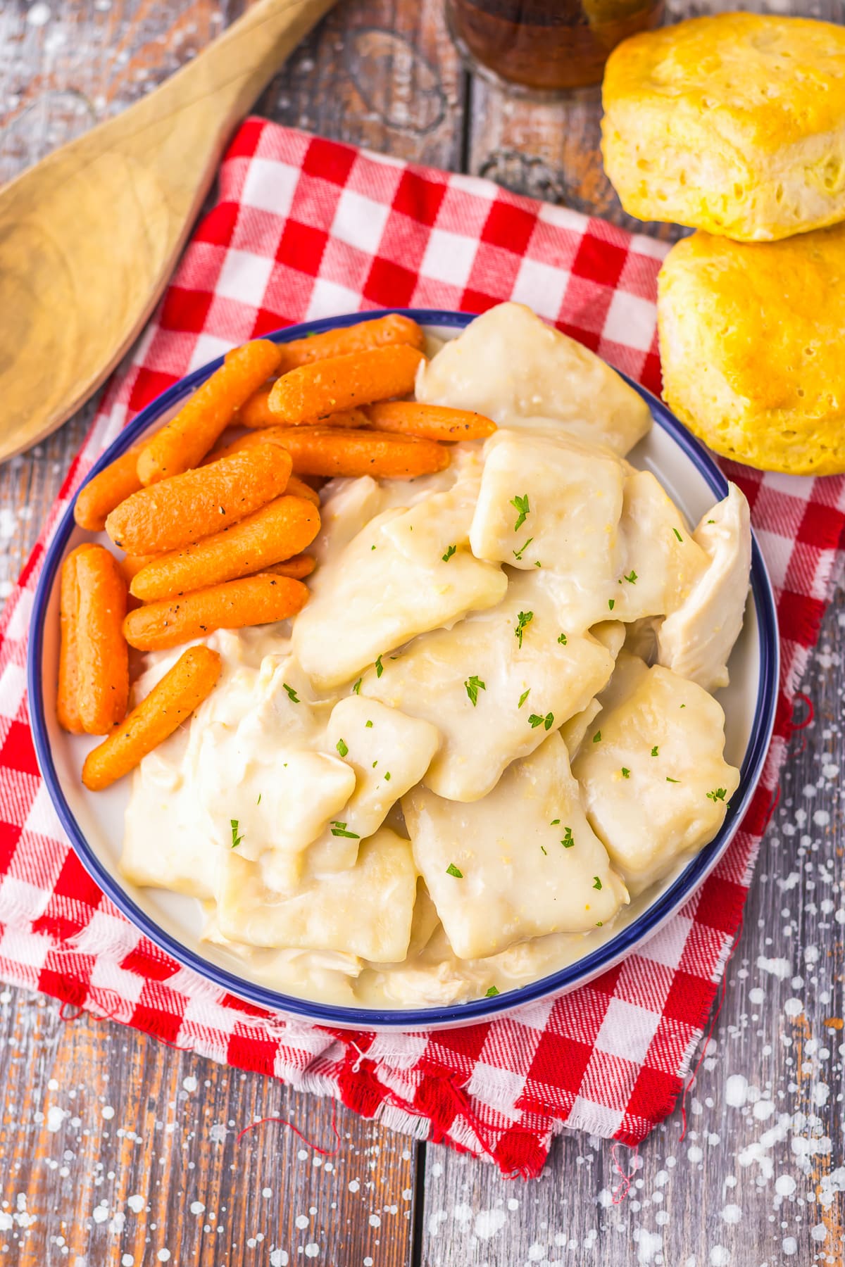 overhead image of Cracker Barrel Chicken Dumplings on serving plate
