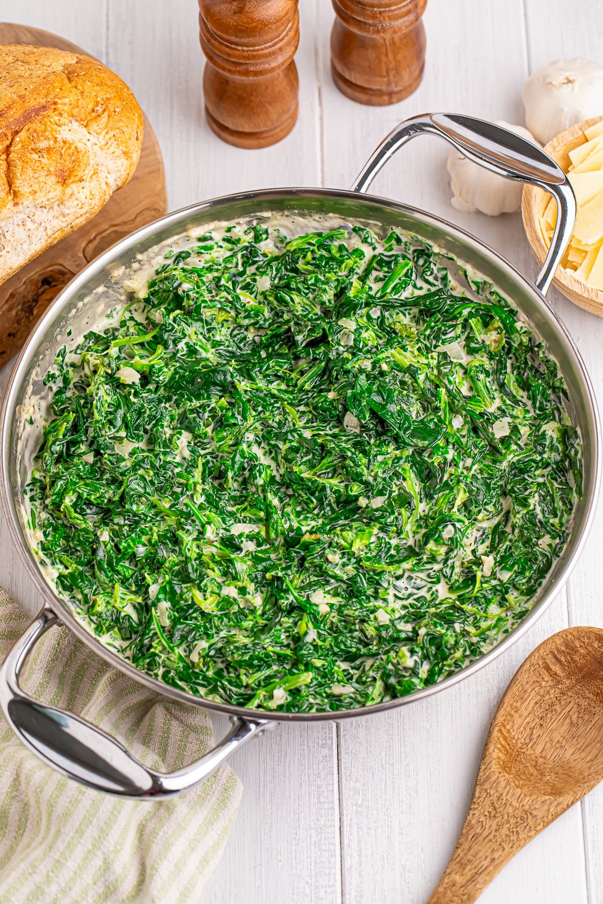 overhead image of Creamed Spinach in the skillet