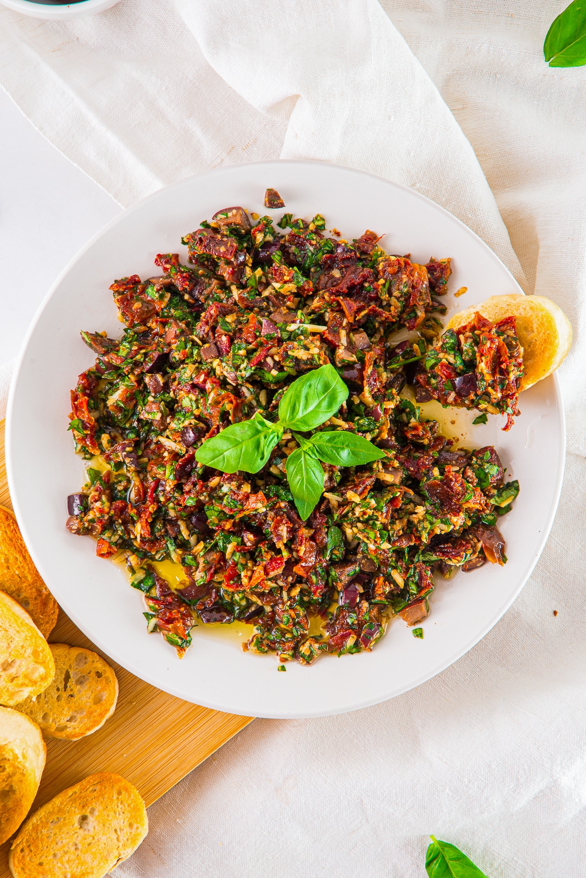 overhead image of a piece of toast in Mediterranean Dip