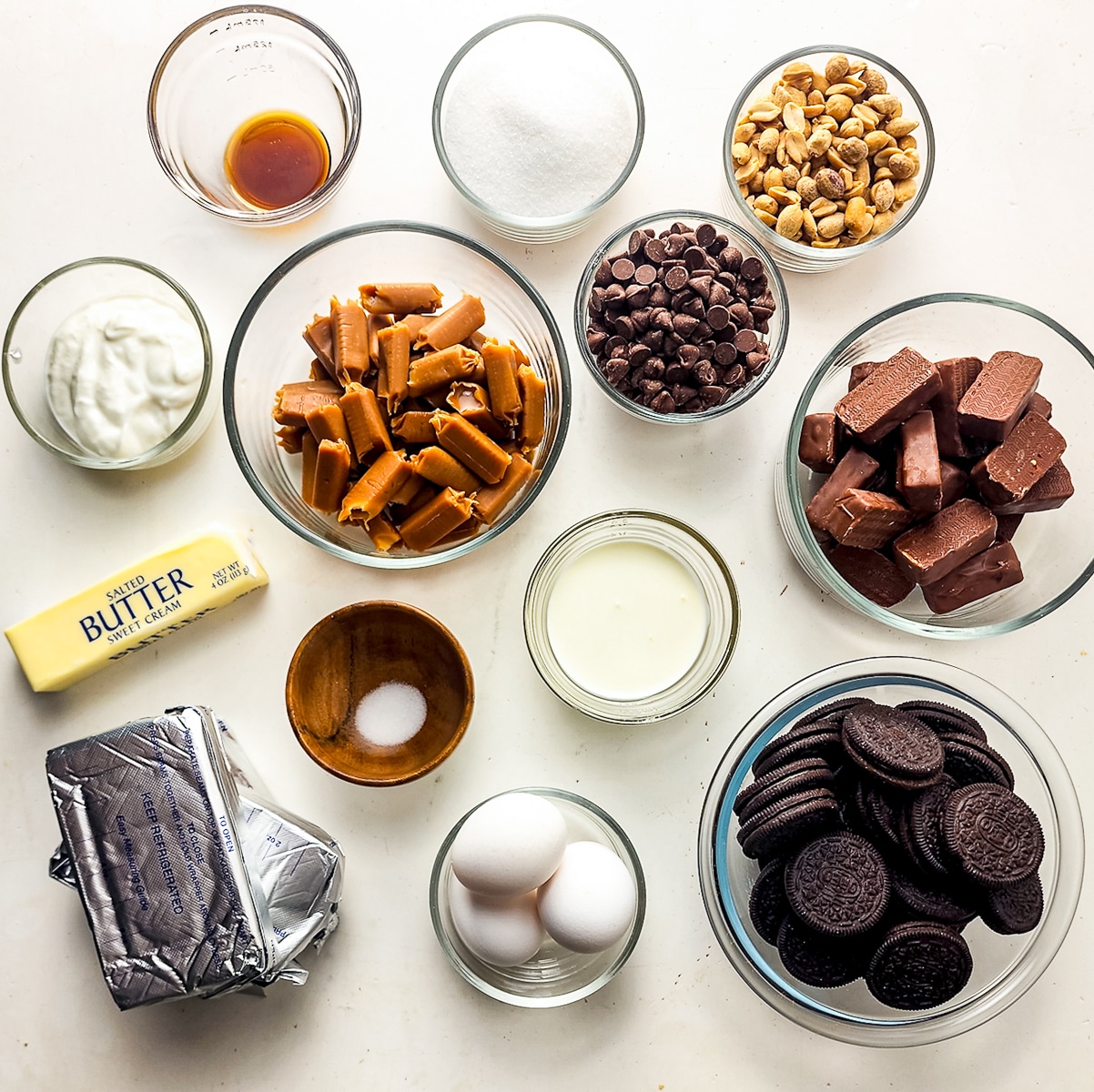 ingredients needed to make Snickers Cheesecake