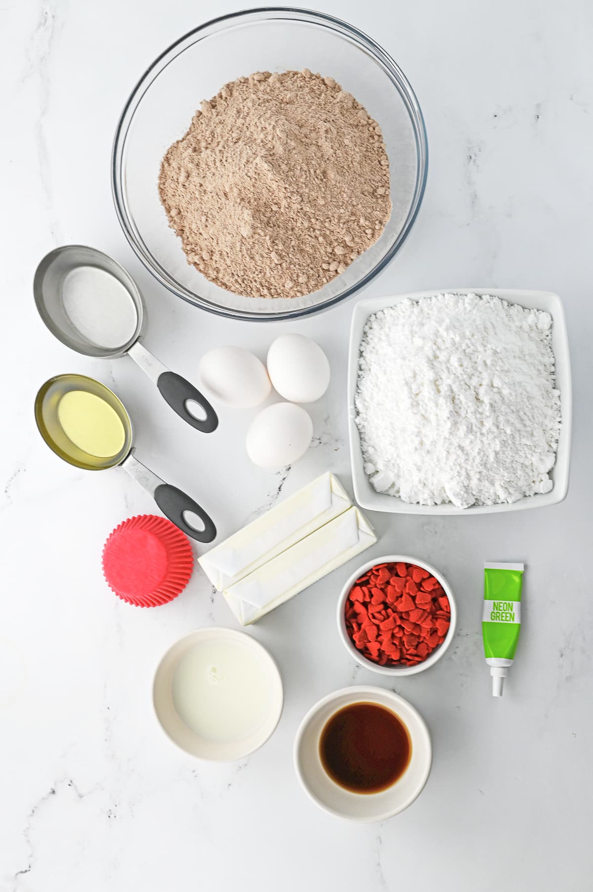ingredients needed to make Grinch Cupcakes