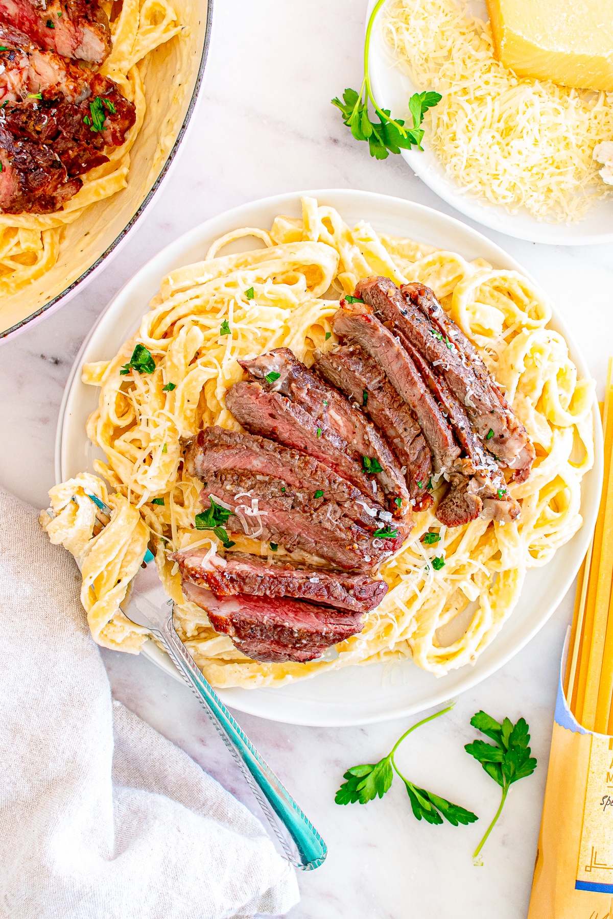 up close overhead image of Steak Pasta Alfredo