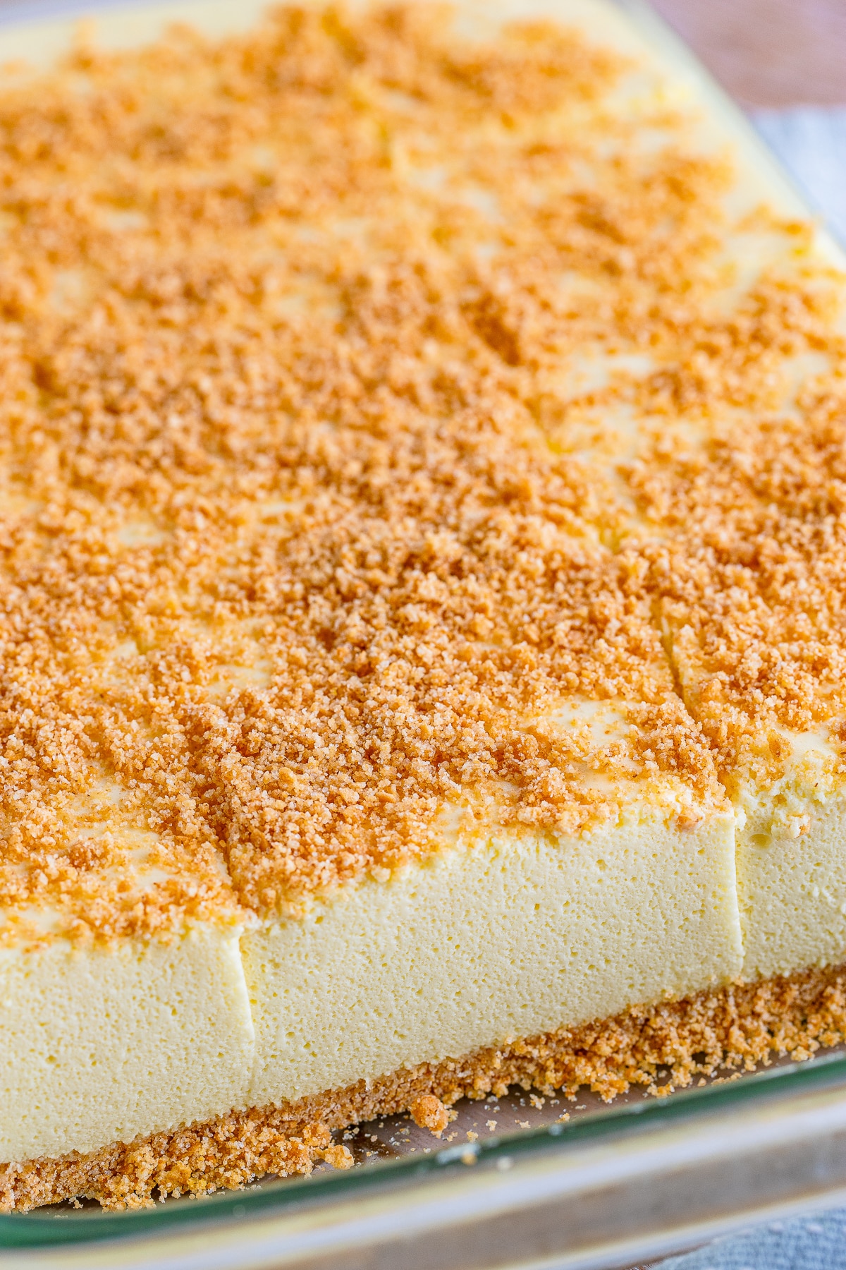 Woolworth Cake in the baking dish with slices taken out