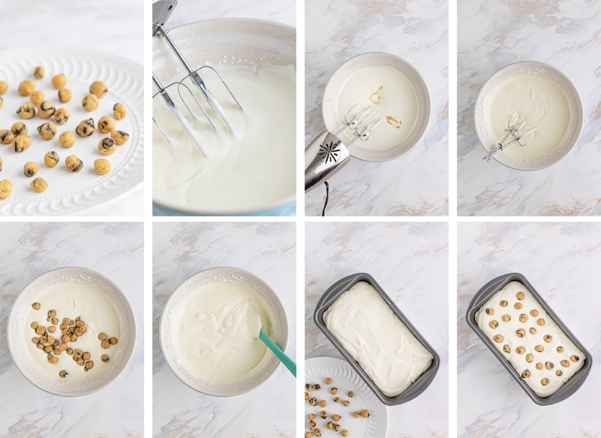 collage of images showing how to make Chocolate Chip Cookie Dough Ice Cream