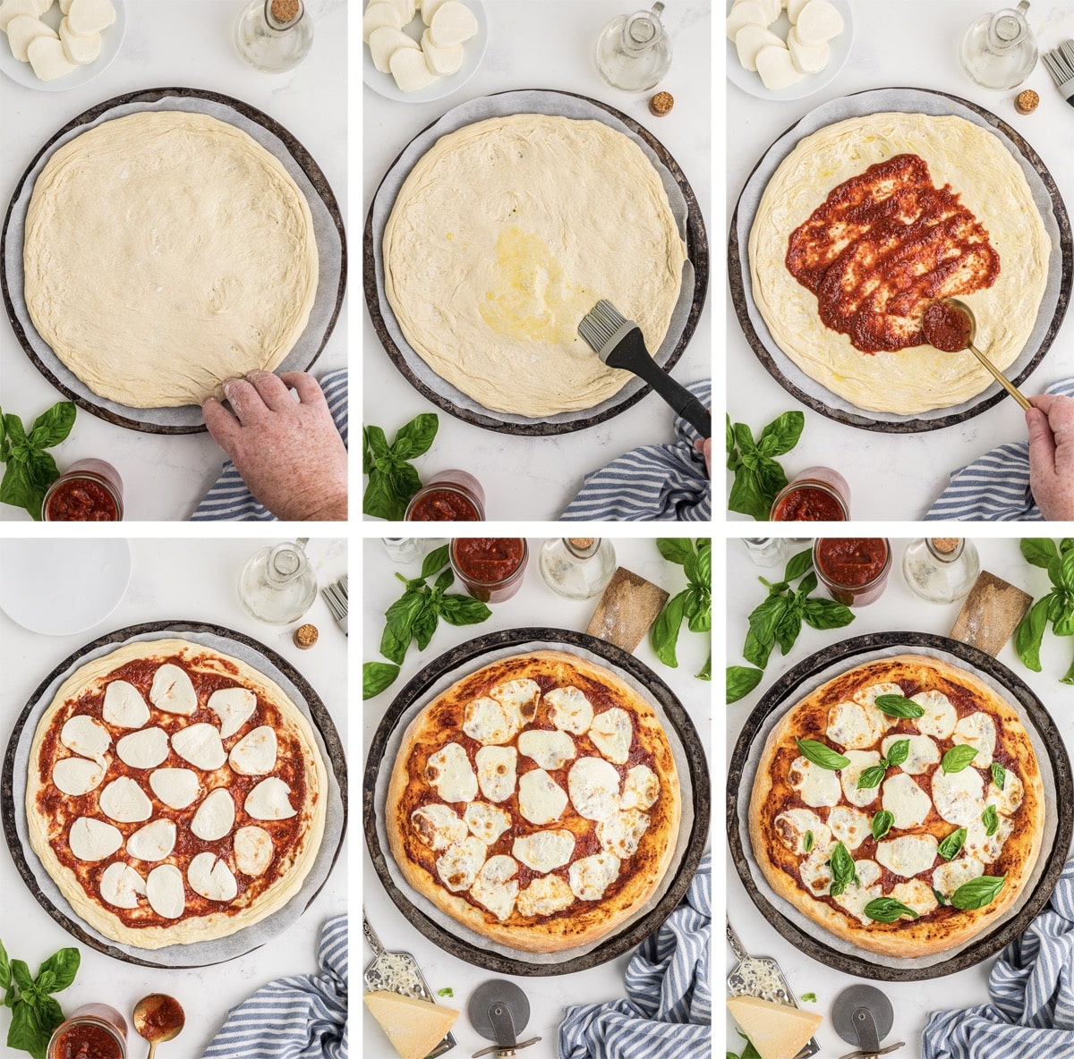 collage of images showing how to make Margherita Pizza