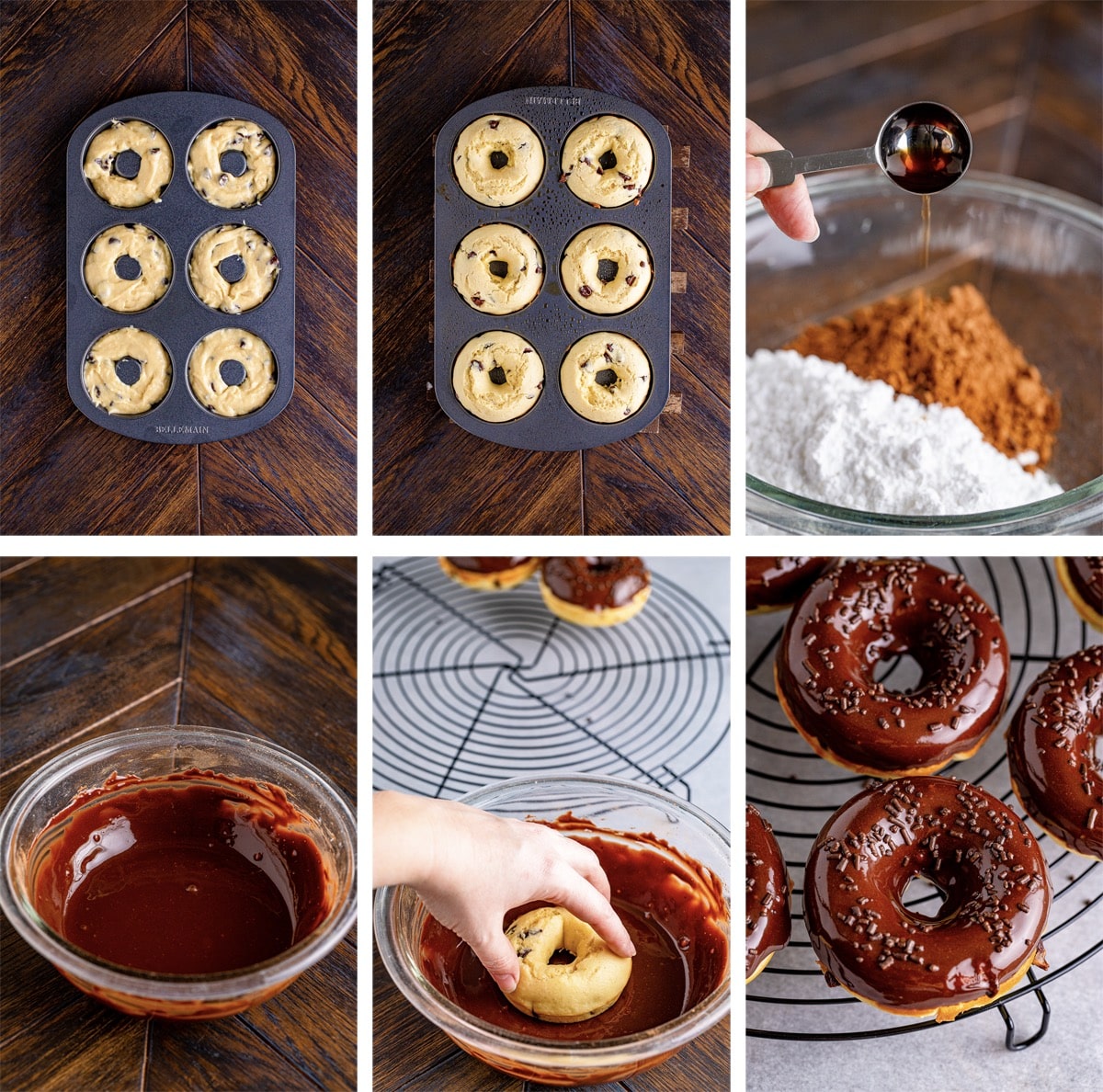 collage of images showing the final steps on how to make Cake Donuts