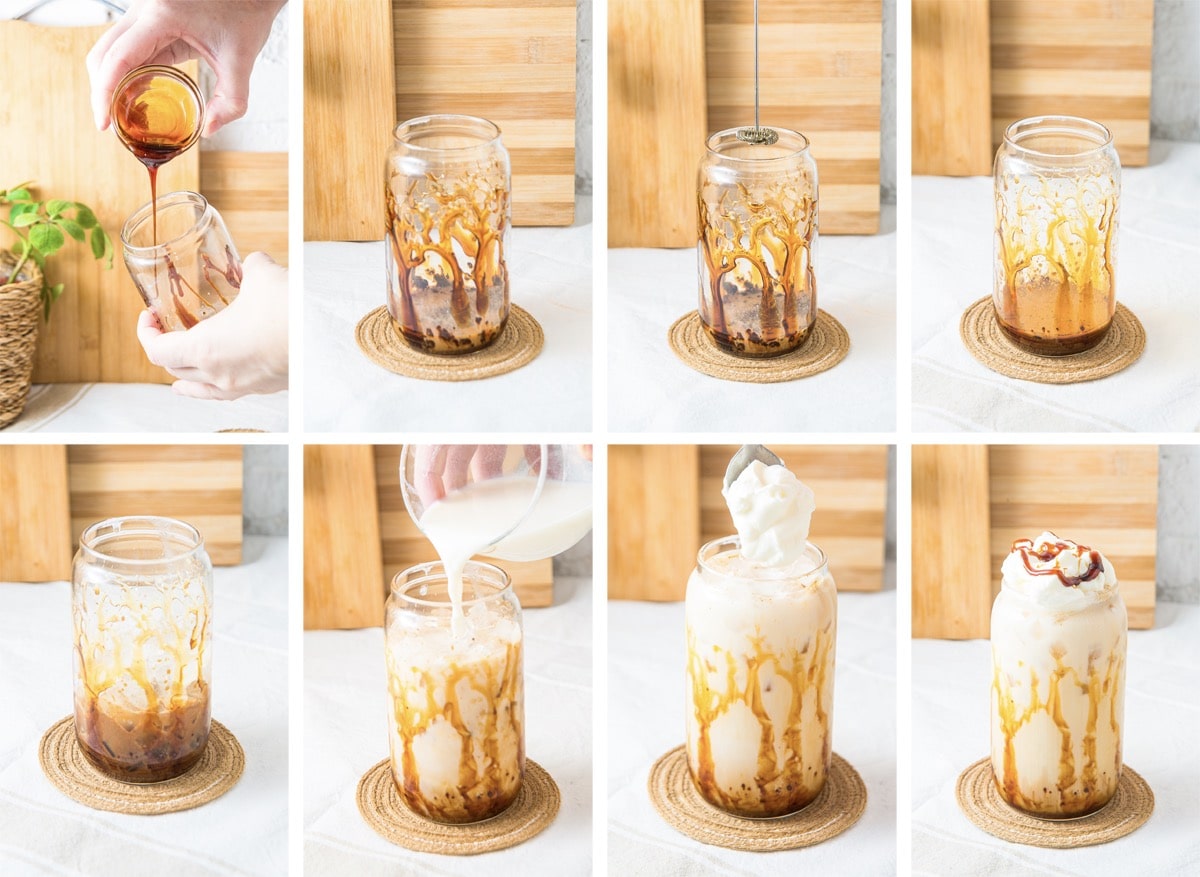 collage of images showing how to make Iced Caramel Latte