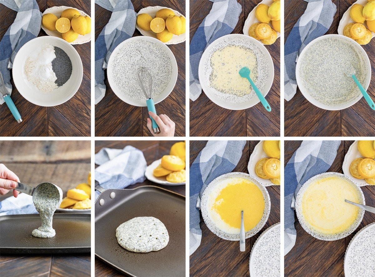 collage of images showing how to make Lemon poppy seed pancakes