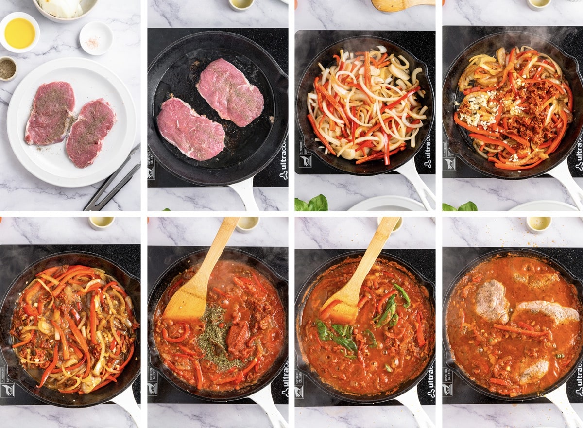 collage of images showing how to make Steak Pizzaiola