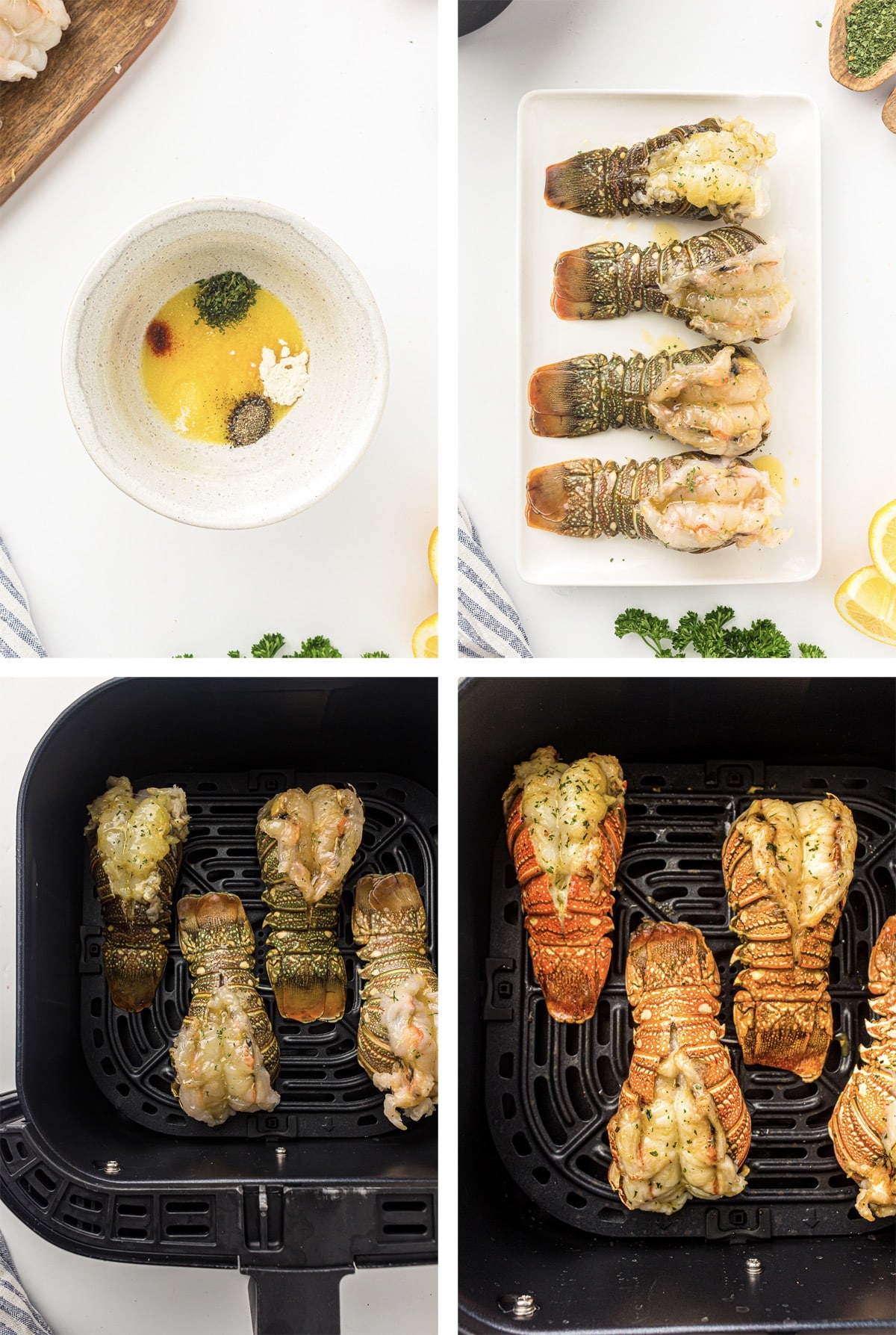 collage of images showing how to cook Air Fryer Lobster Tails