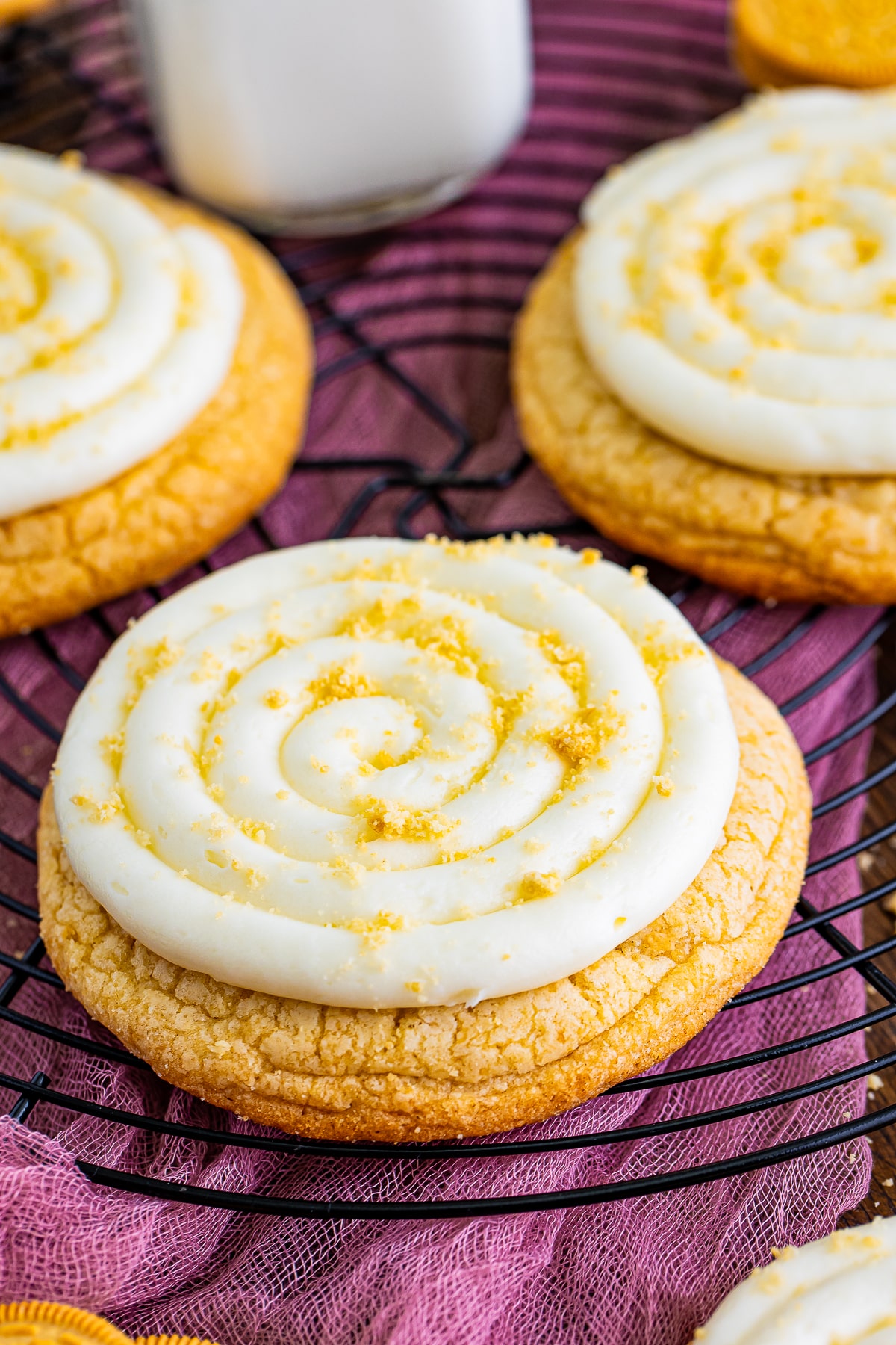 up close image of Golden Oreo Cookies on a wire rack