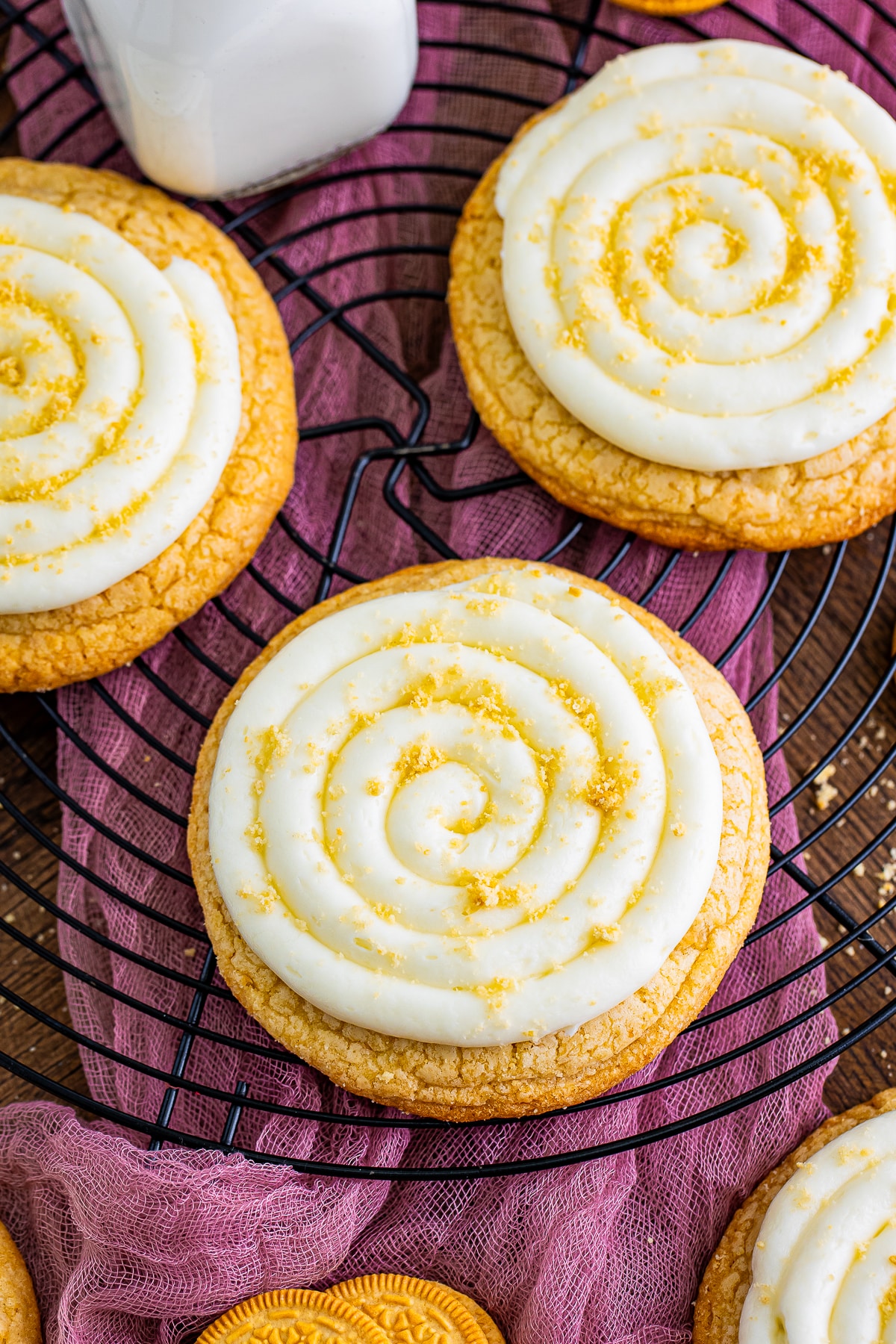 overhead image of Golden Oreo Cookies on a wire rack