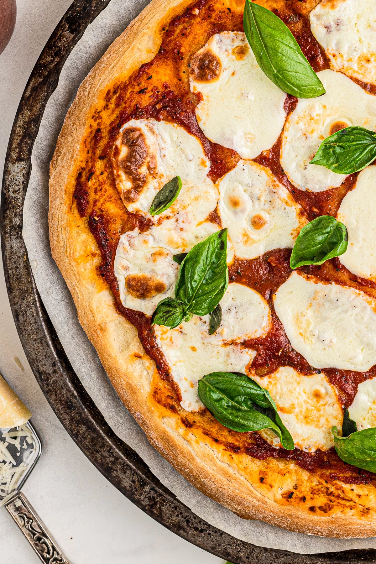 overhead image of baked Neapolitan Pizza Dough Recipe