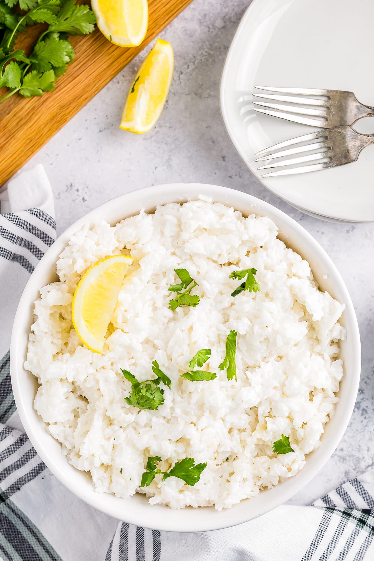 overhead image Coconut Rice served in white bowl
