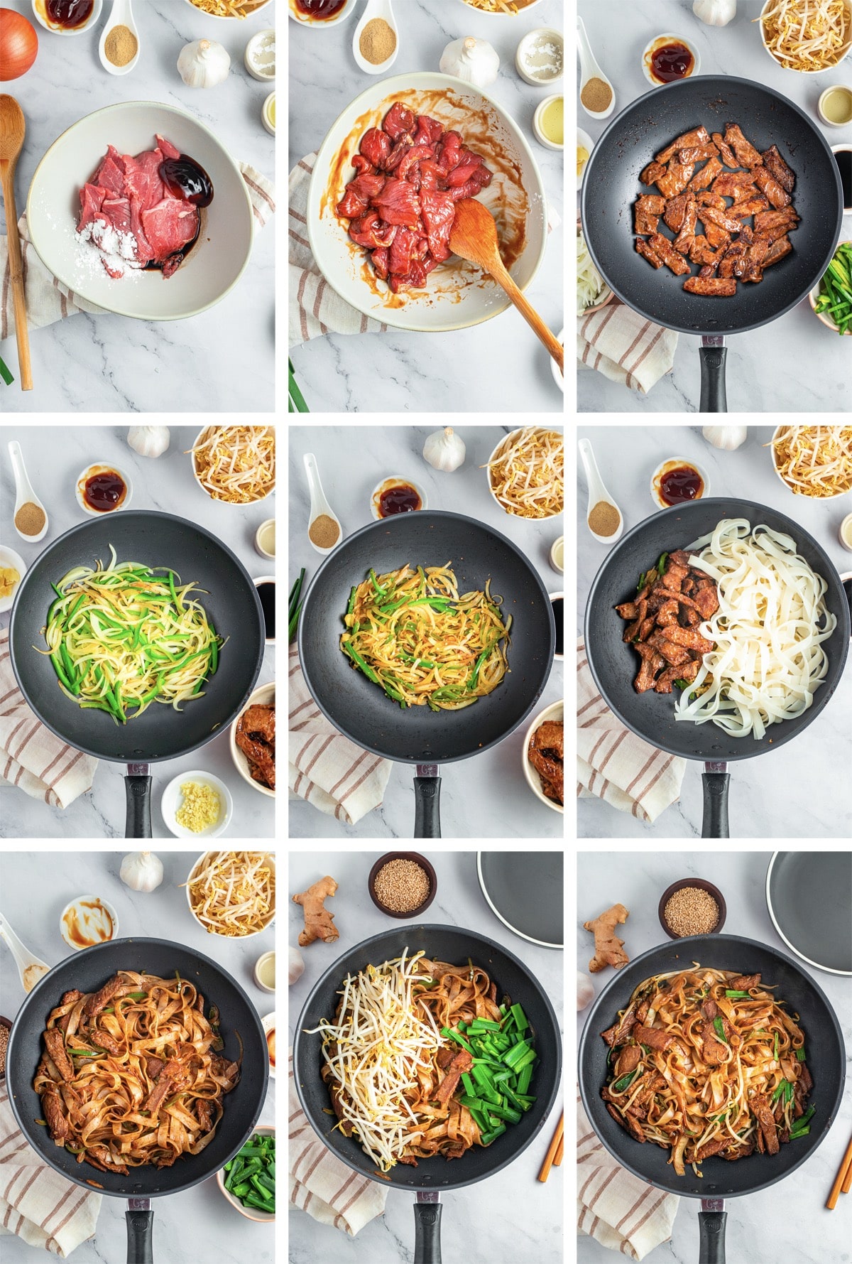 collage of images showing how to make Beef Chow Ho Fun