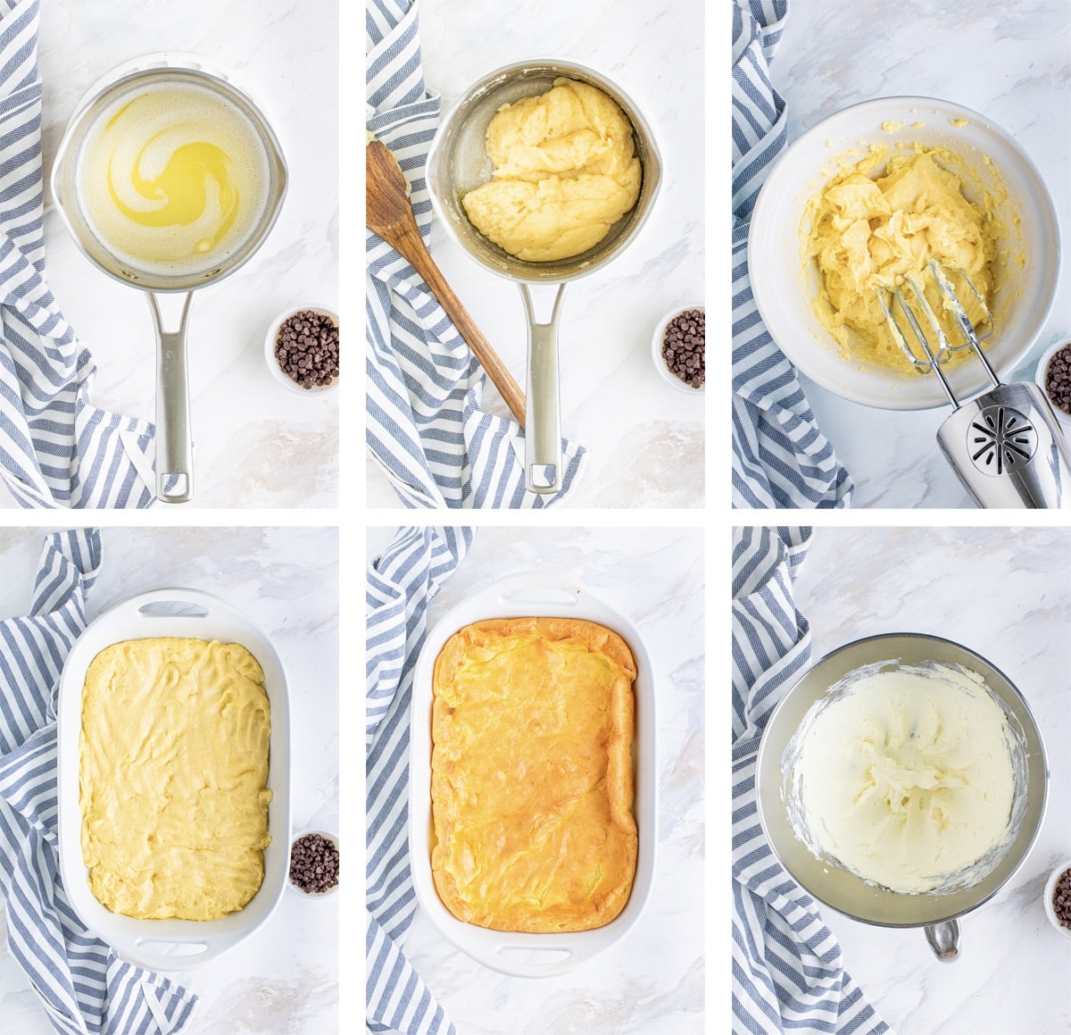 collage of images showing the first steps for making Cream Puff Cake