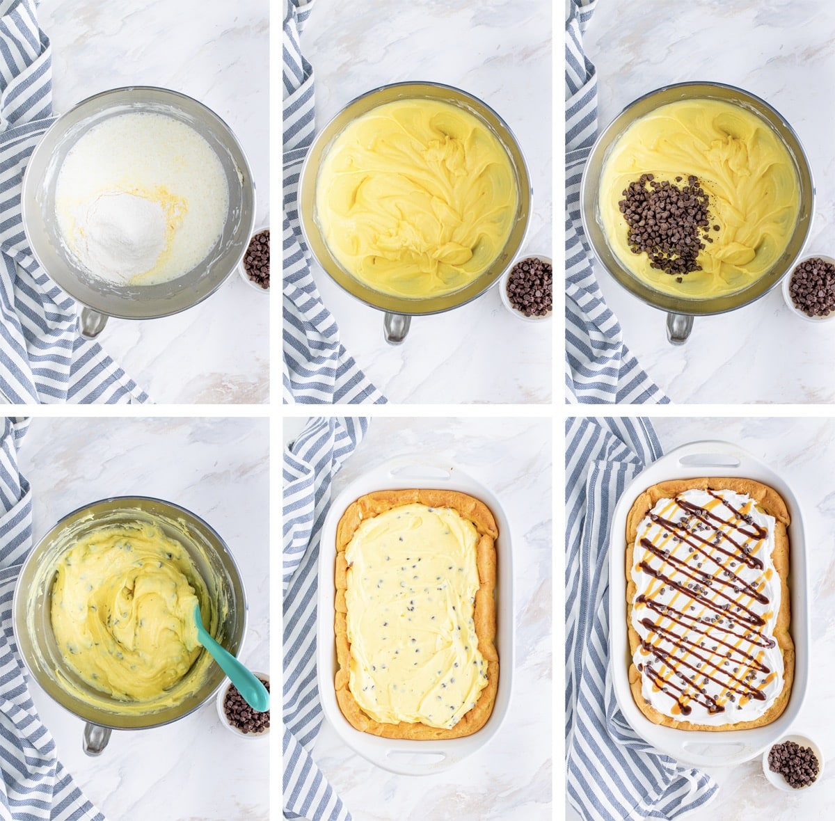 collage of images showing the final steps for making Cream Puff Cake