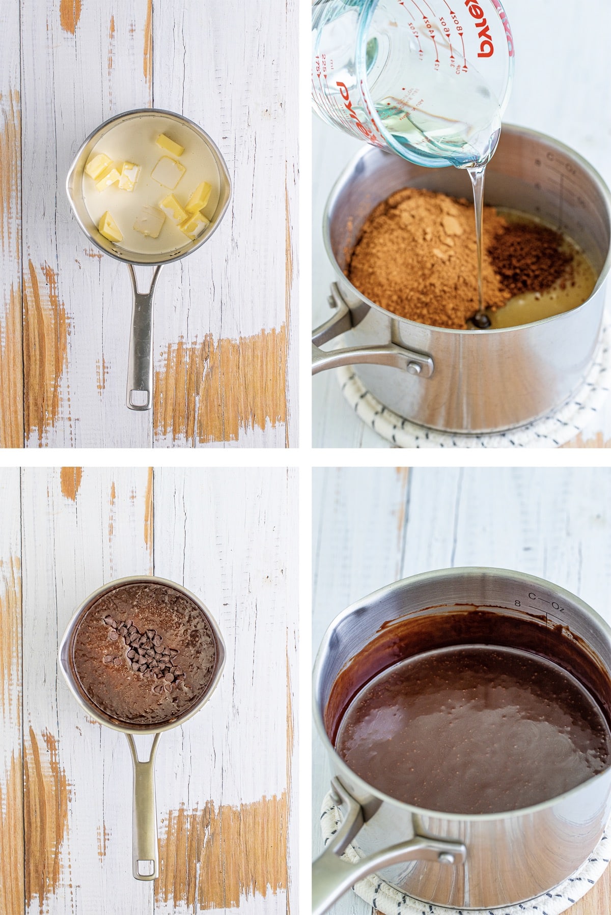 collage of images showing how to make hot fudge