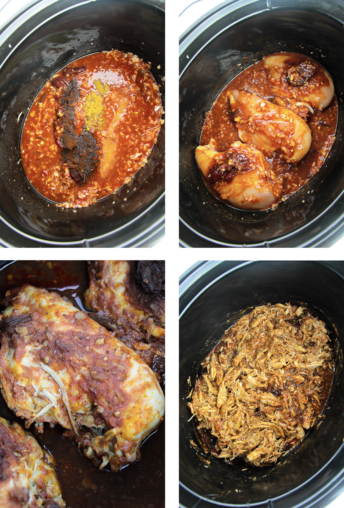 collage of images showing how to make Crockpot Pulled Chicken Tacos