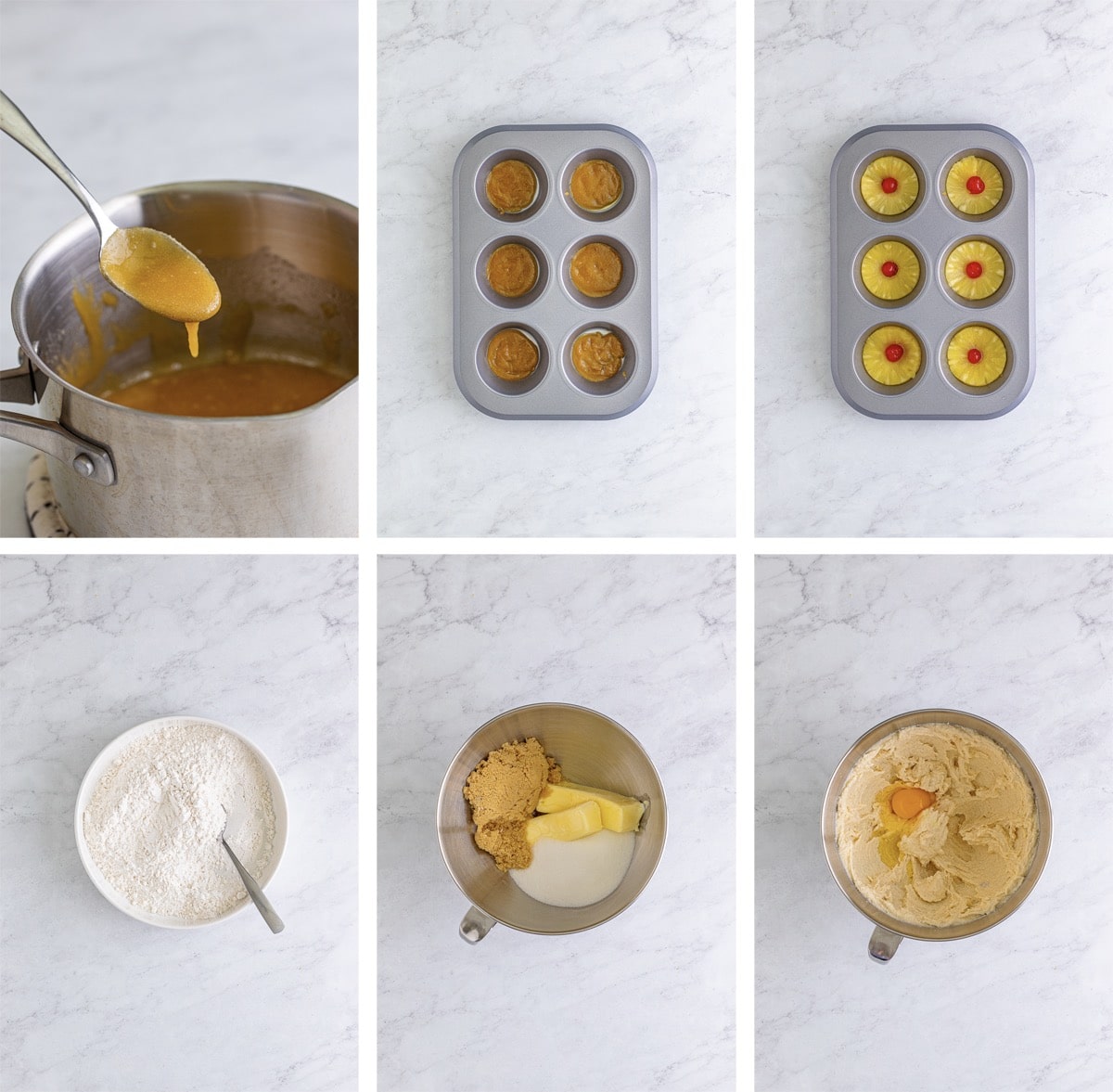 collage of images showing how to make the first steps of Mini Pineapple Upside Down Cakes