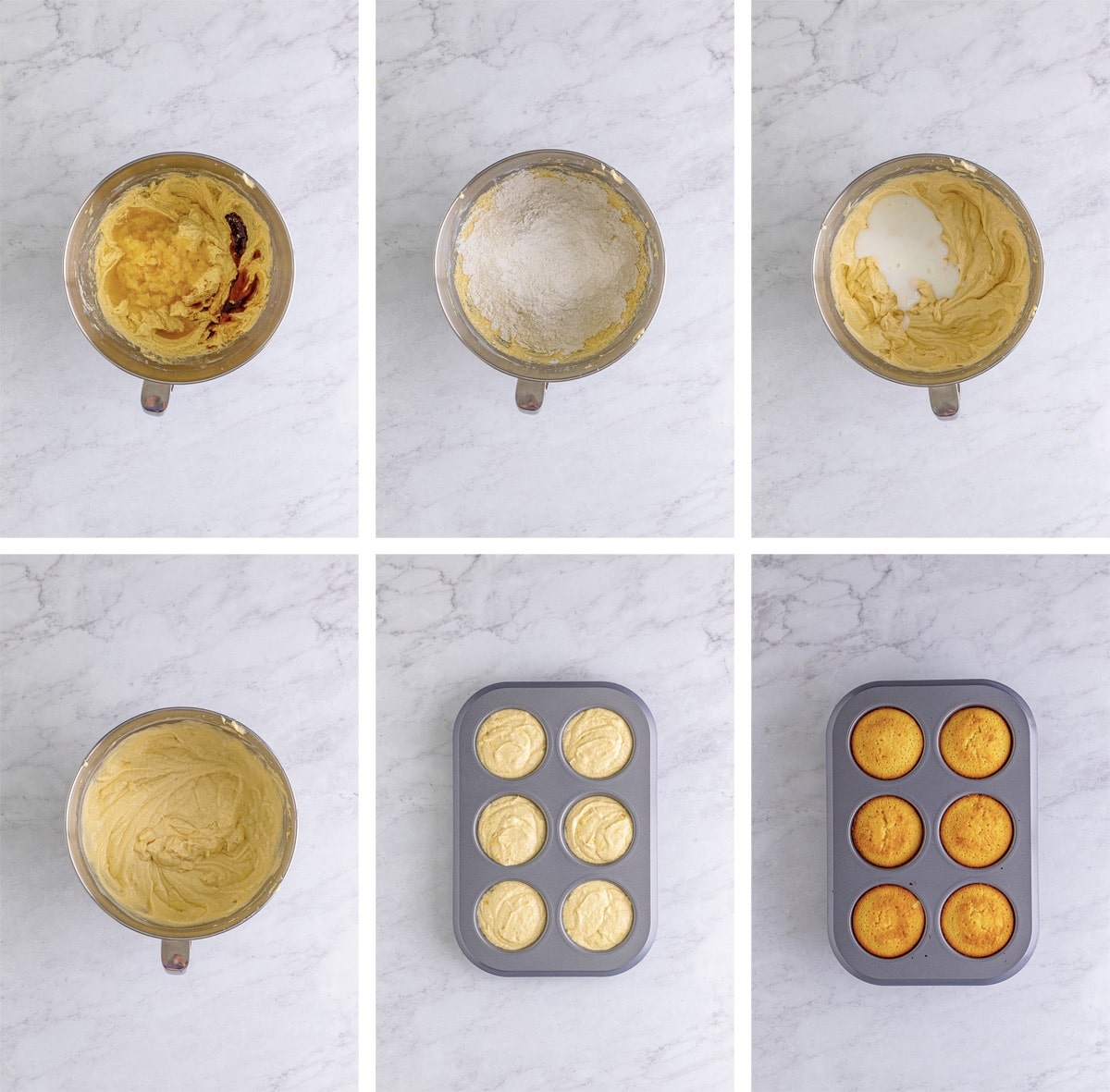 collage of images showing how to make the final steps for Mini Pineapple Upside Down Cakes