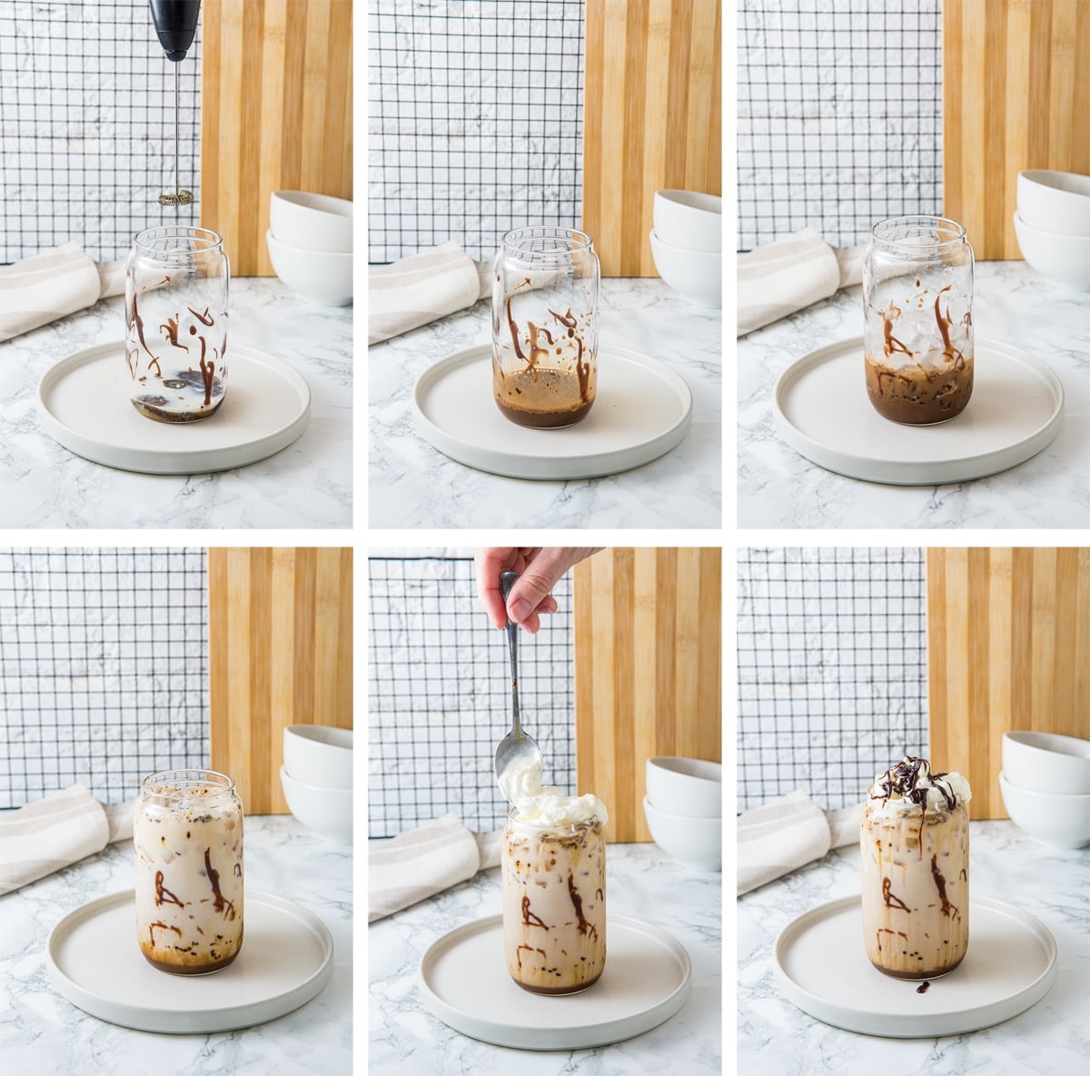 collage of images showing how to make iced cafe mocha