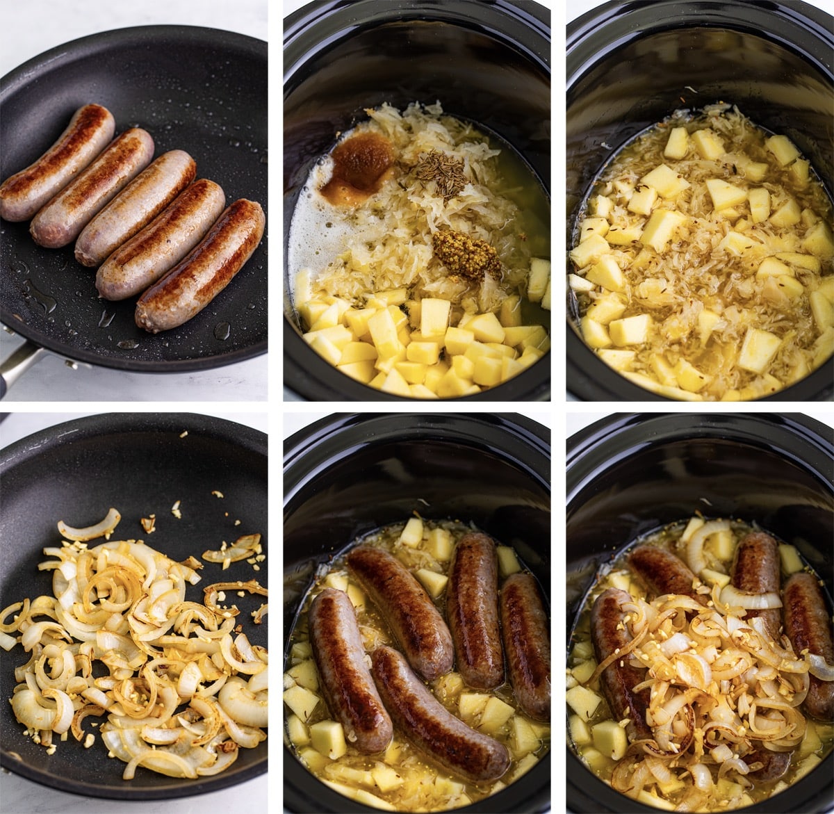 collage of images showing how to make Brats and Sauerkraut