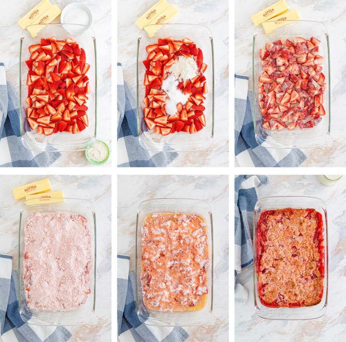 collage of images showing how to make Strawberry Dump Cake