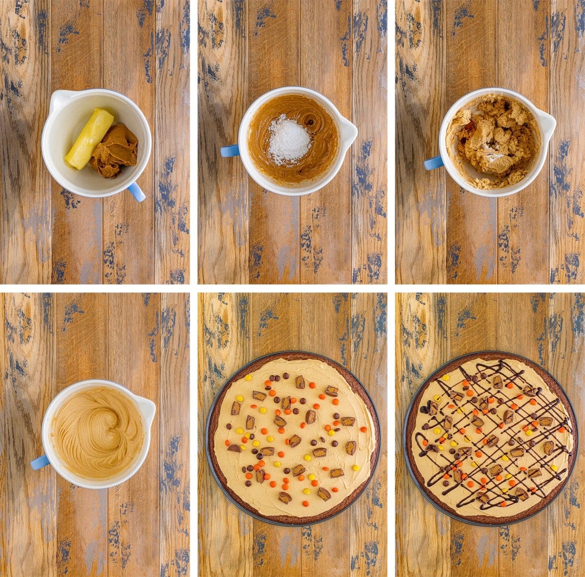 collage of images showing how to make the frosting for Dessert Pizza