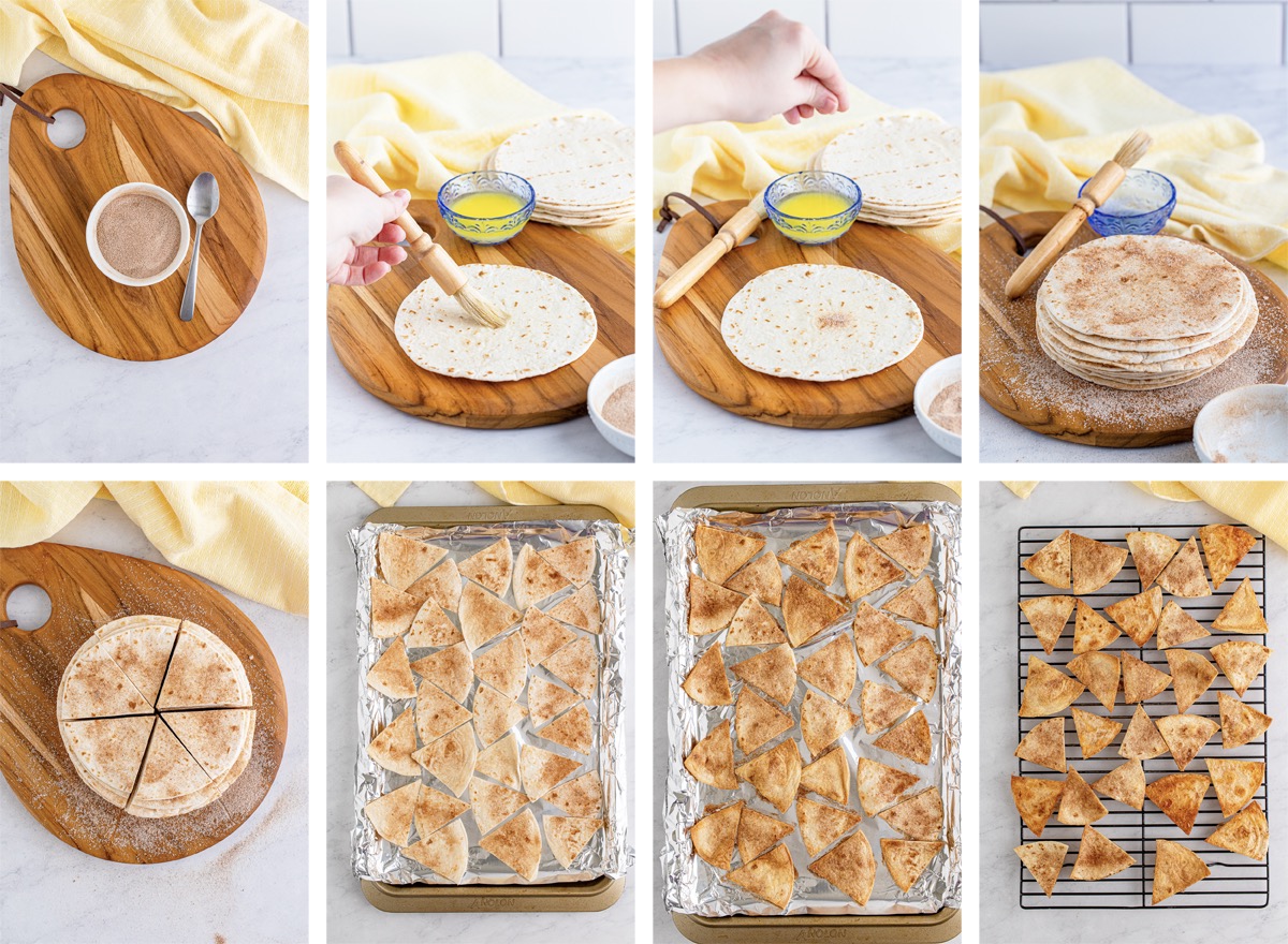 collage of images showing how to make the tortillas for fruit salsa