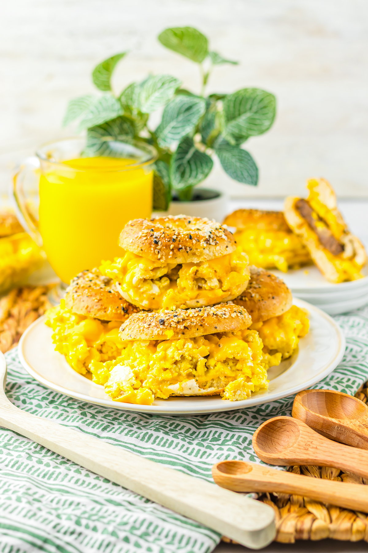 Breakfast Sliders served on a white plate in a stack