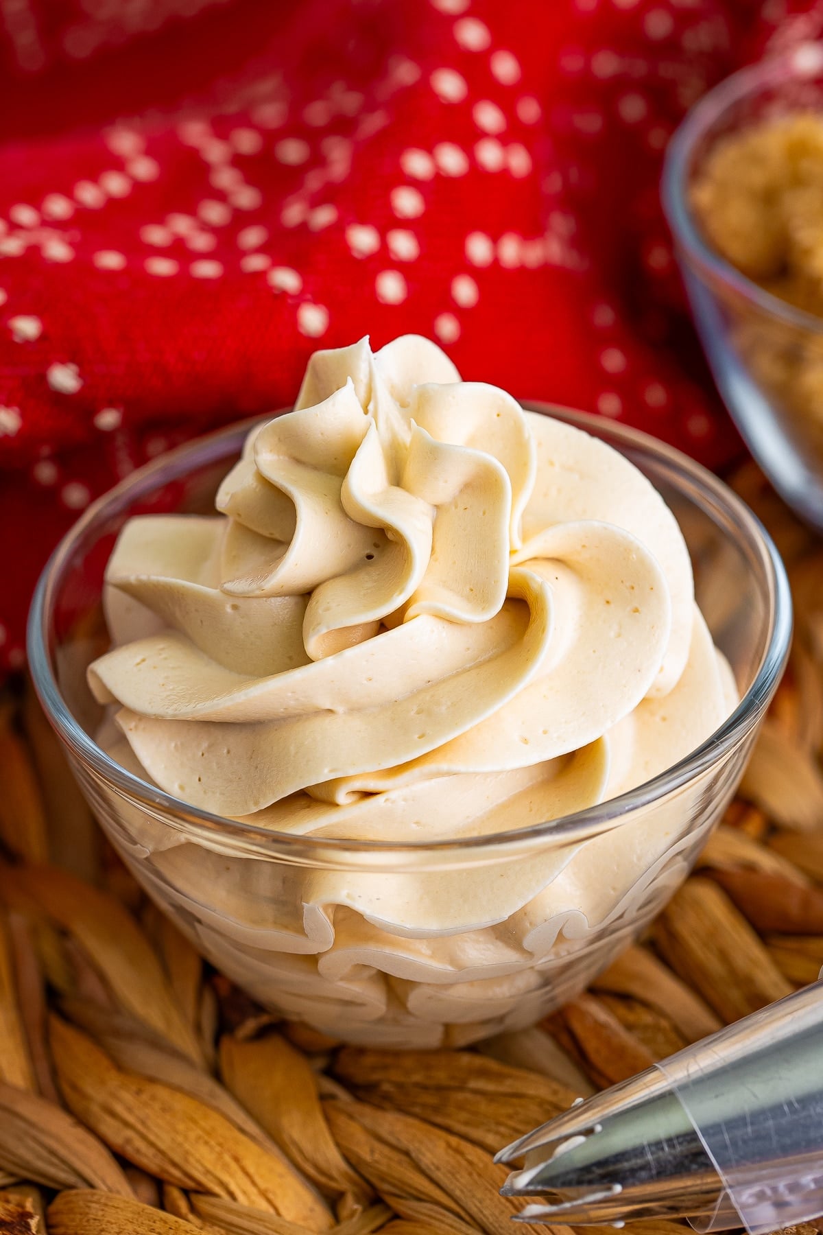 Brown Sugar Frosting piped in a small glass dish