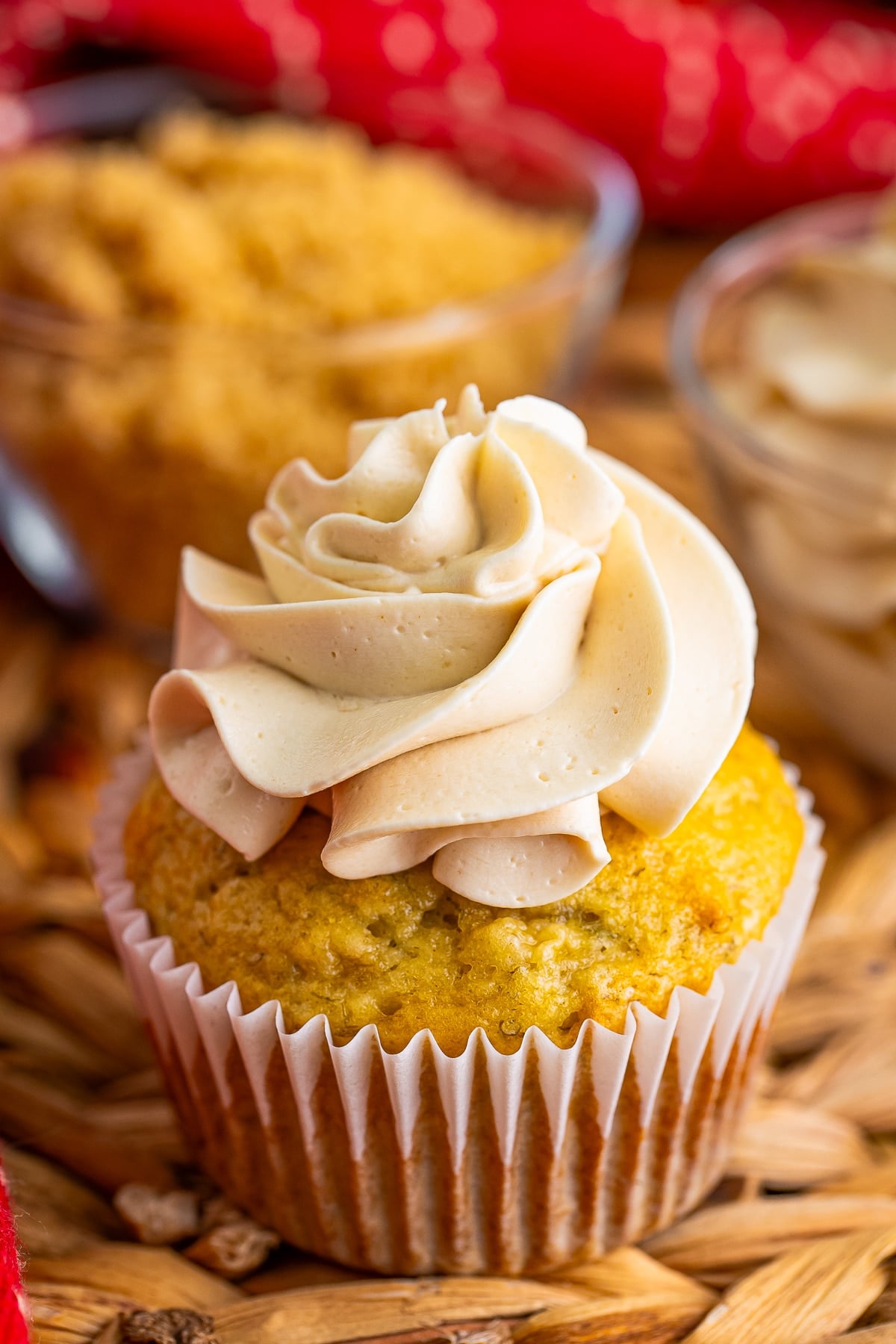 close up image of Brown Sugar Frosting on top of a cupcake