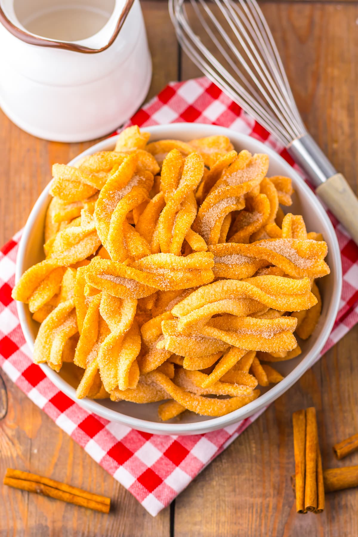 overhead image of Cinnamon Twists in a white bowl