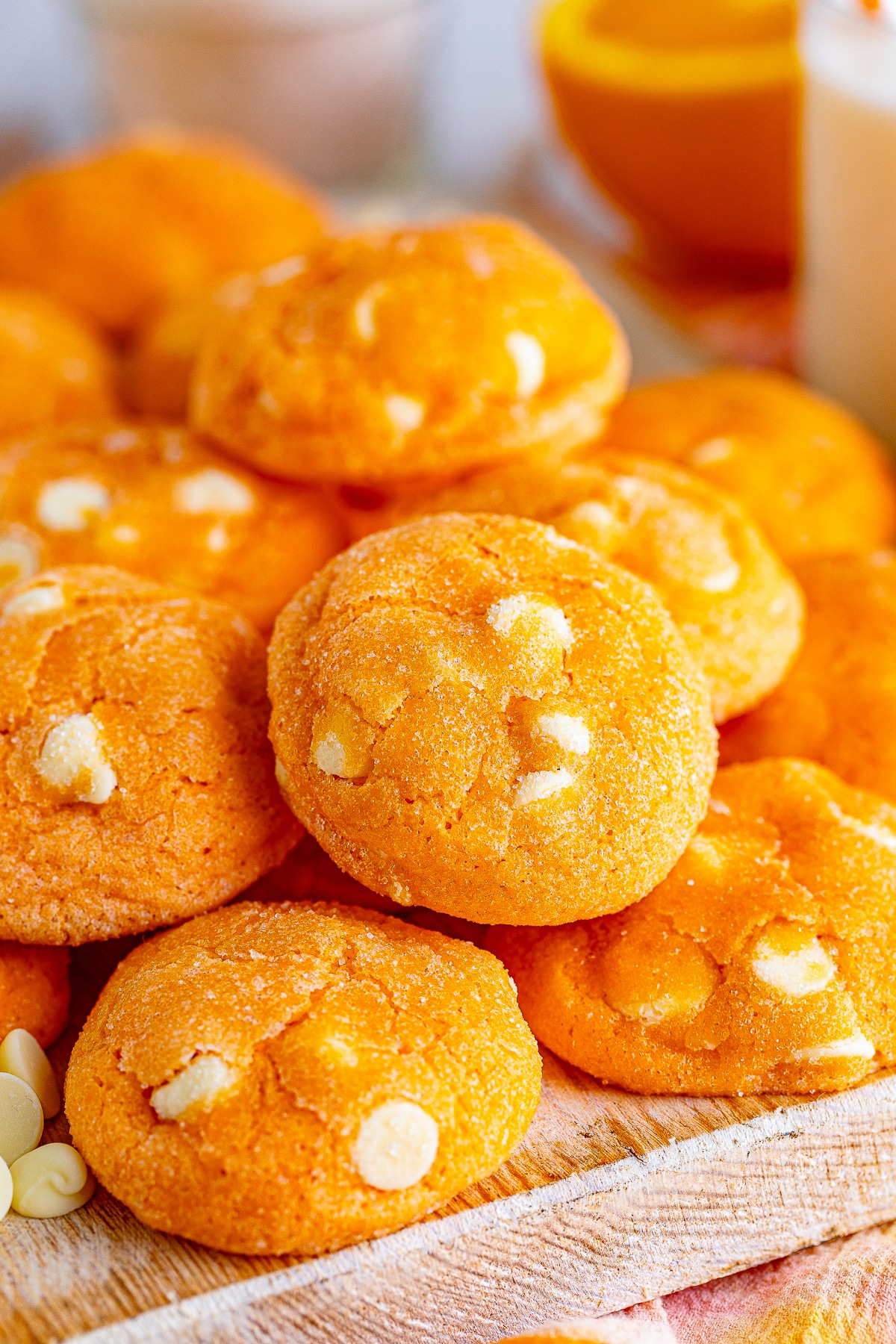 up close image of Orange Creamsicle Cookies on wooden server