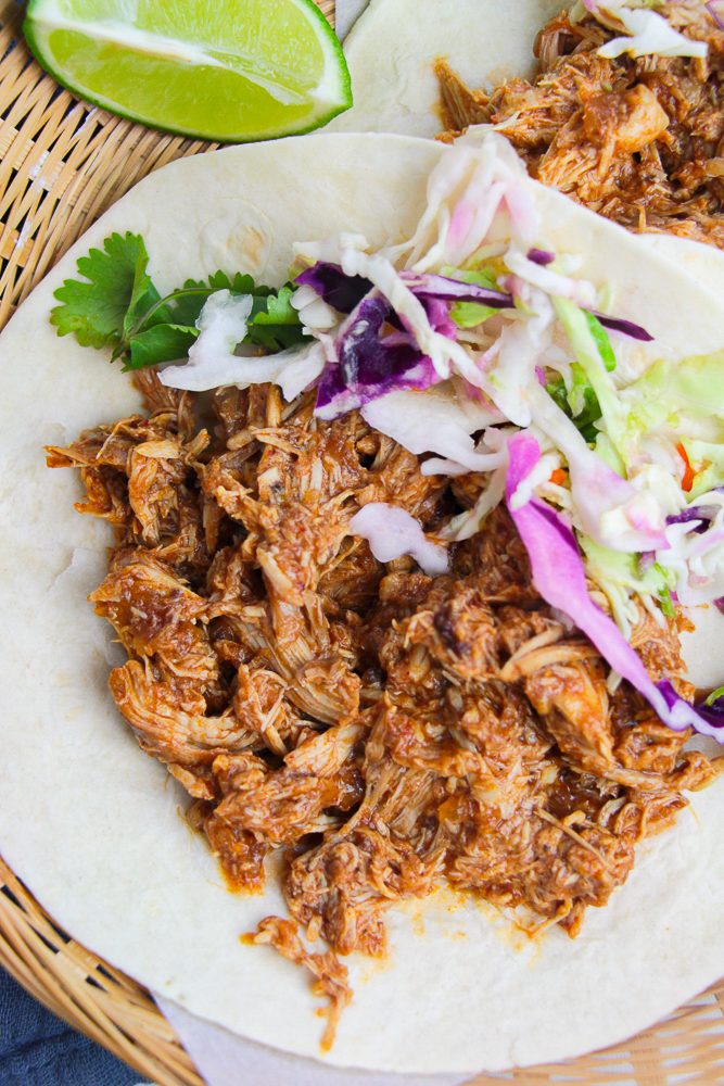 overhead image Crockpot Pulled Chicken Tacos