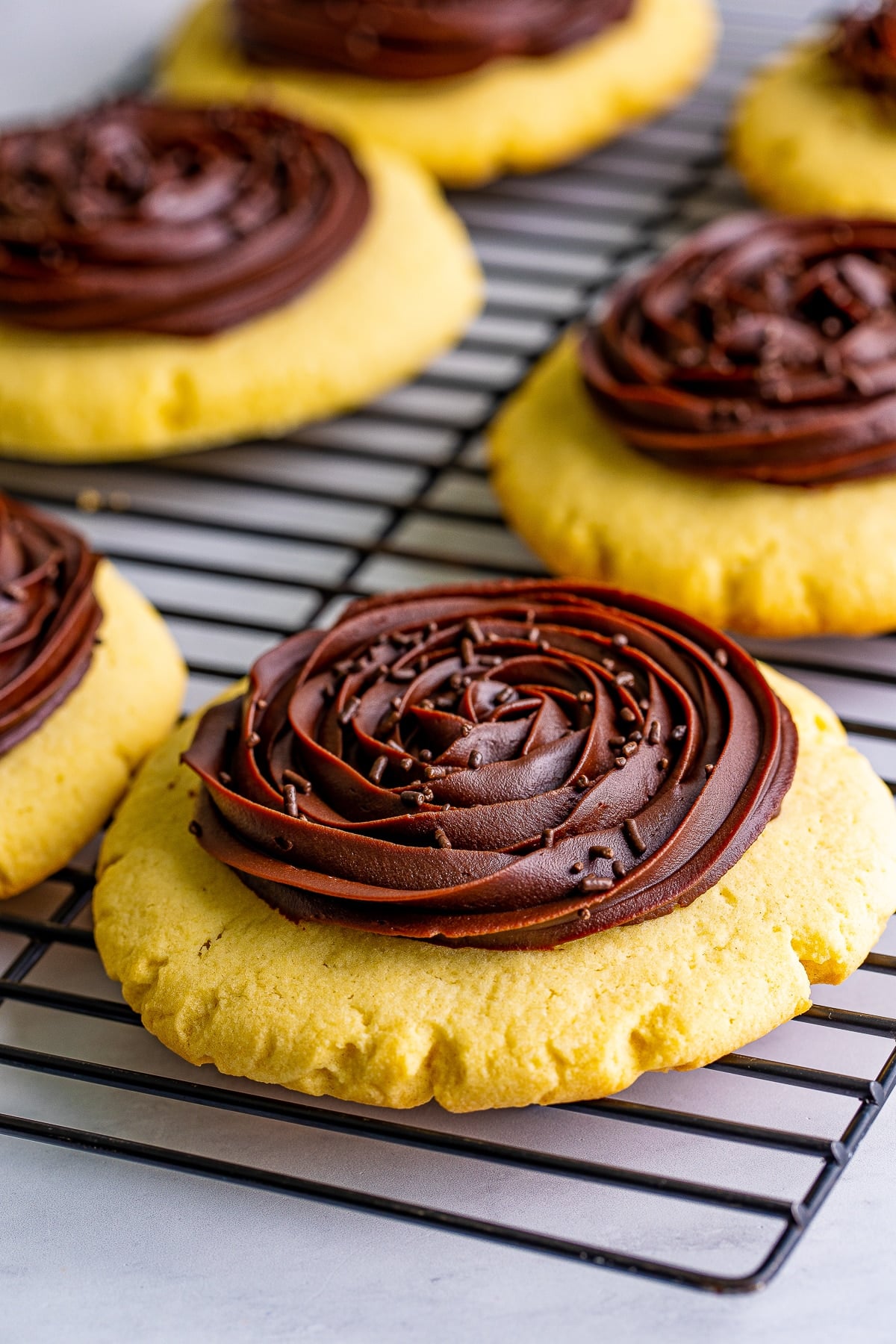 finished Chocolate Cupcake Cookies on wire rack
