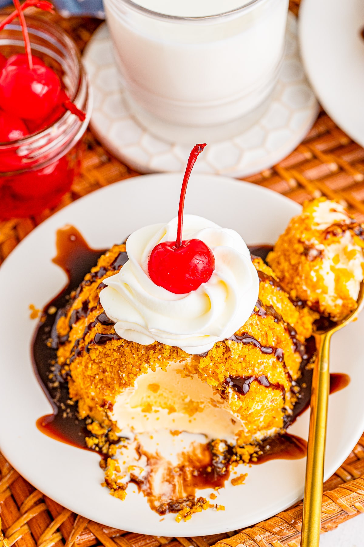 overhead image of fried ice cream with a bite taken out