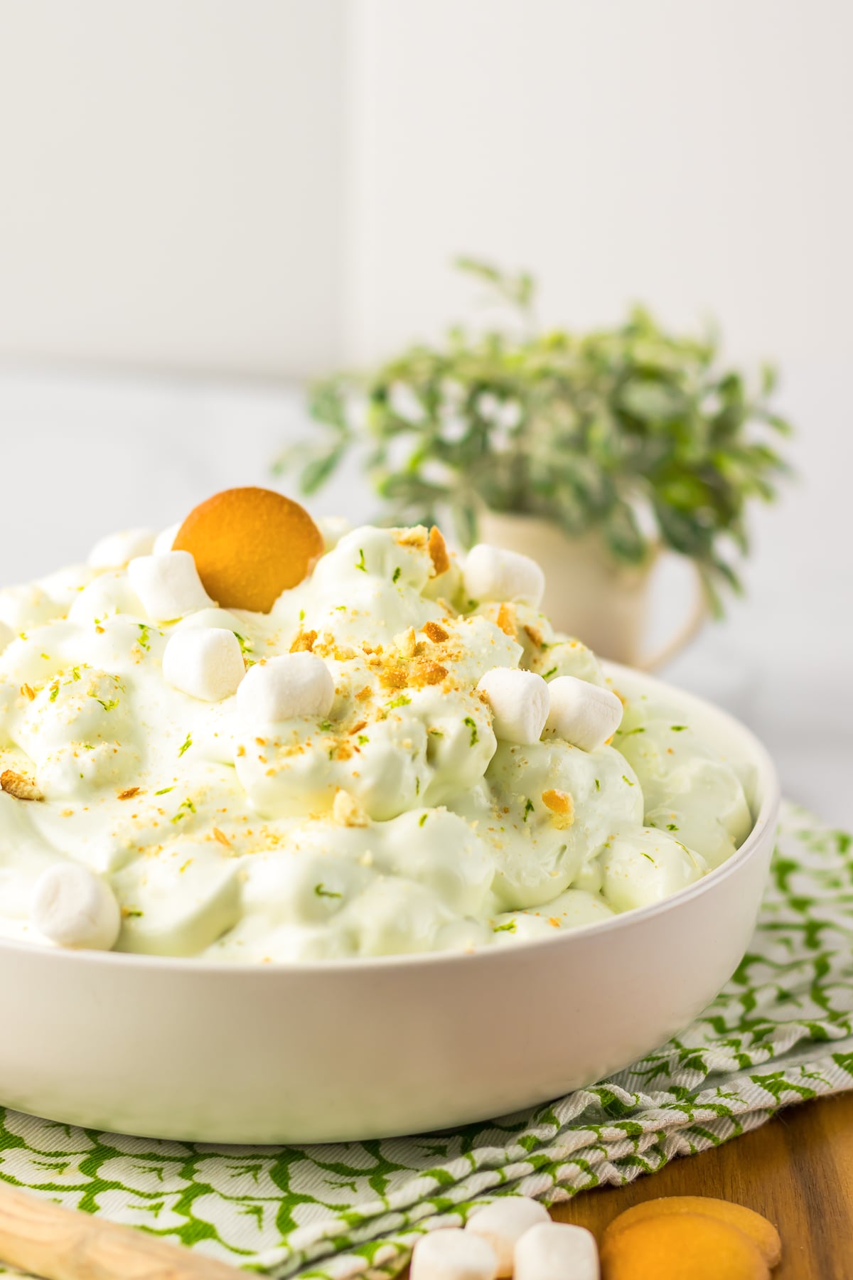 straight on image of fluff salad in white bowl