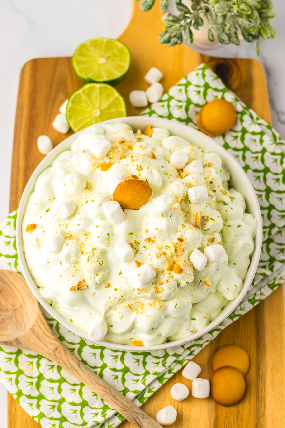 overhead image of fluff salad on wooden board