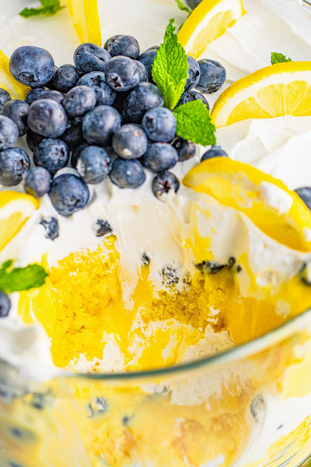Blueberry Trifle with a portion taken out