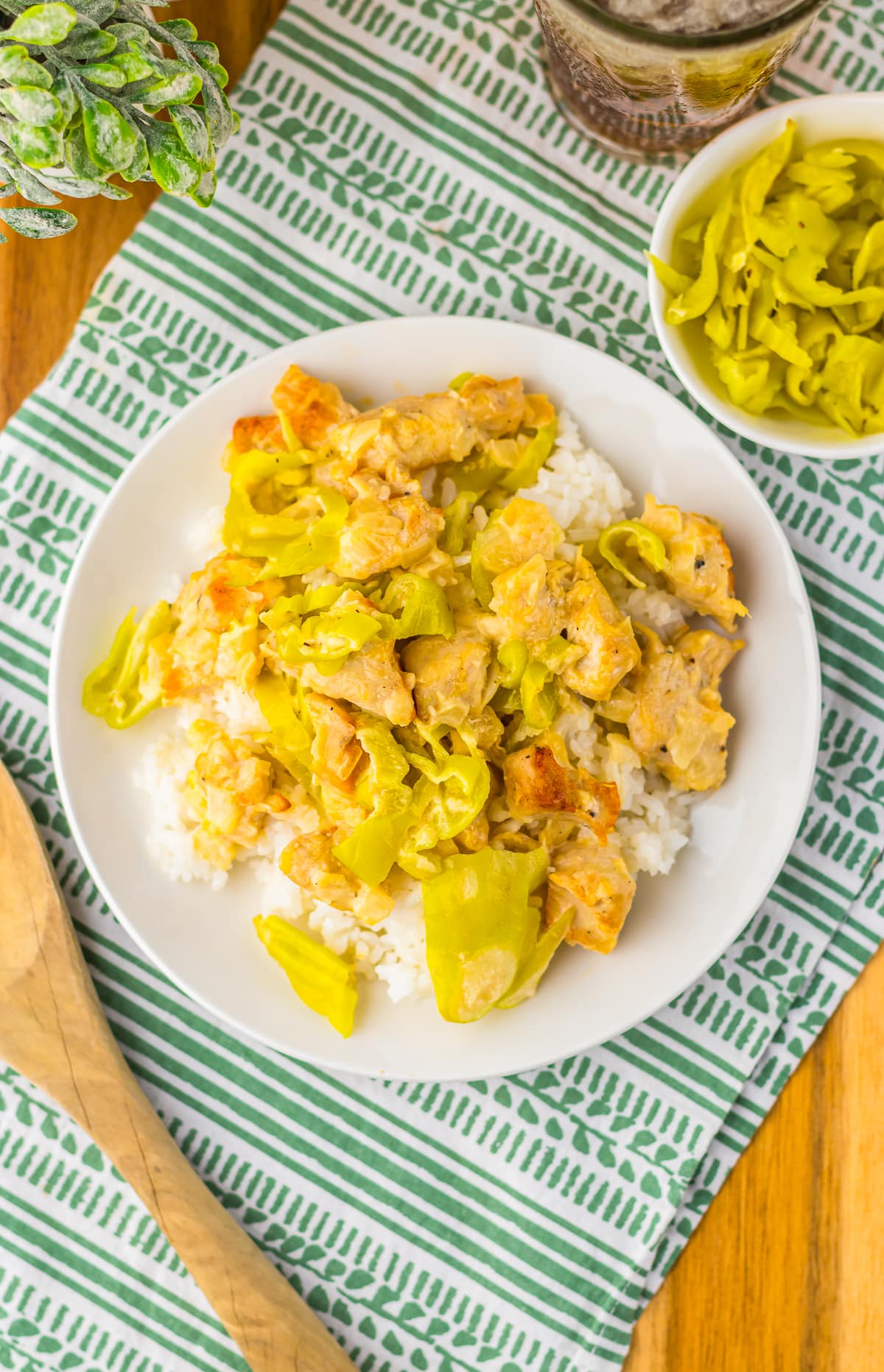 overhead image of Pepperoncini Chicken served on white plate